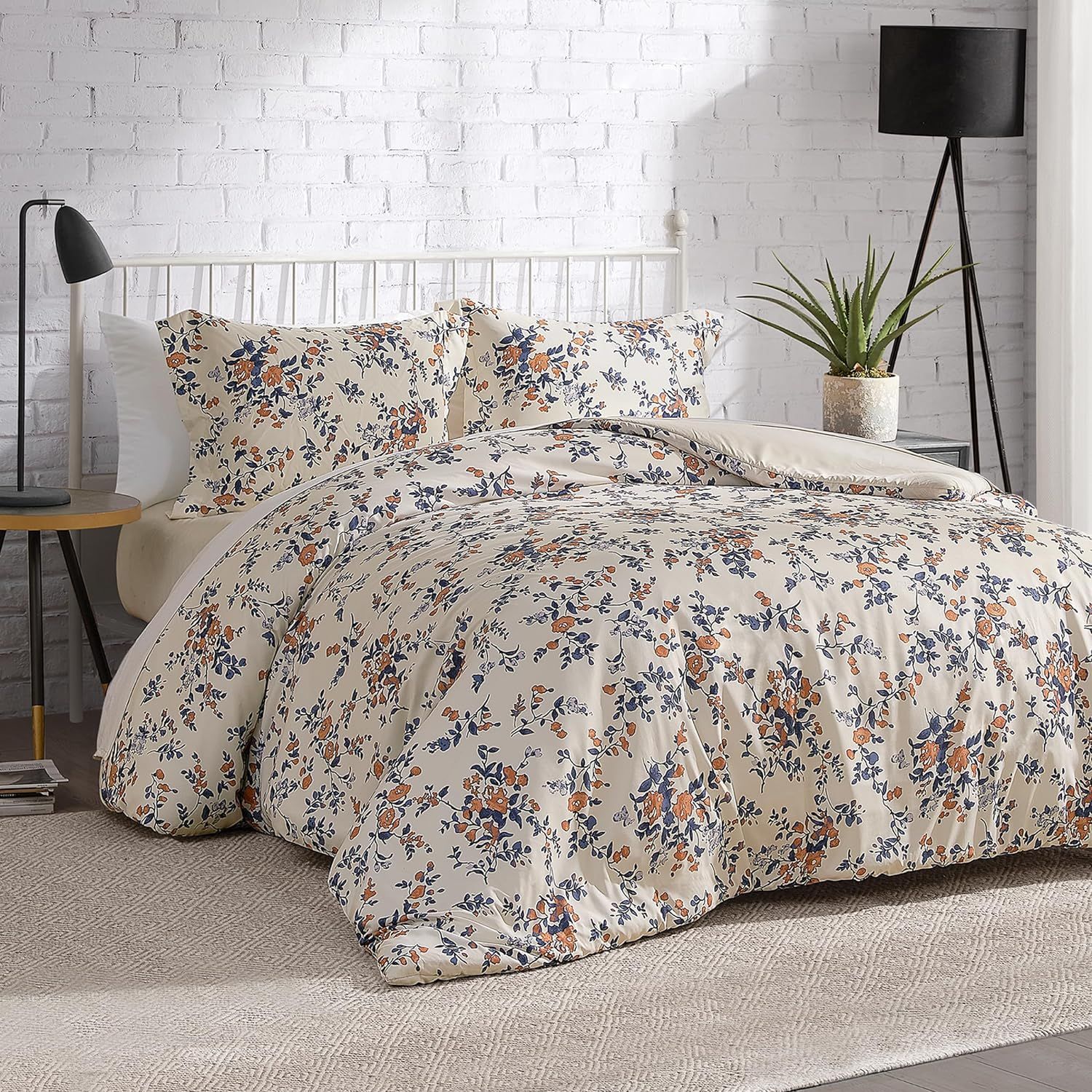 Twin Beige Floral Microfiber Reversible Comforter Set