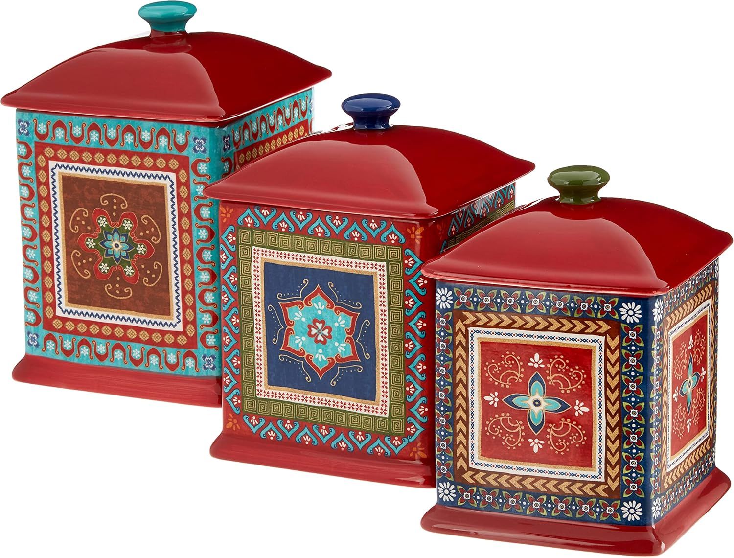 Red Ceramic Medallion Canister Set, 3-Piece