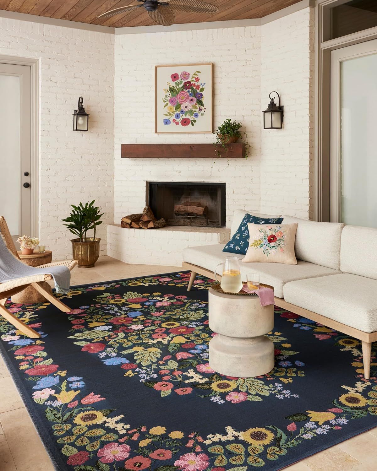 Navy Floral Rectangular Wool and Synthetic Accent Rug