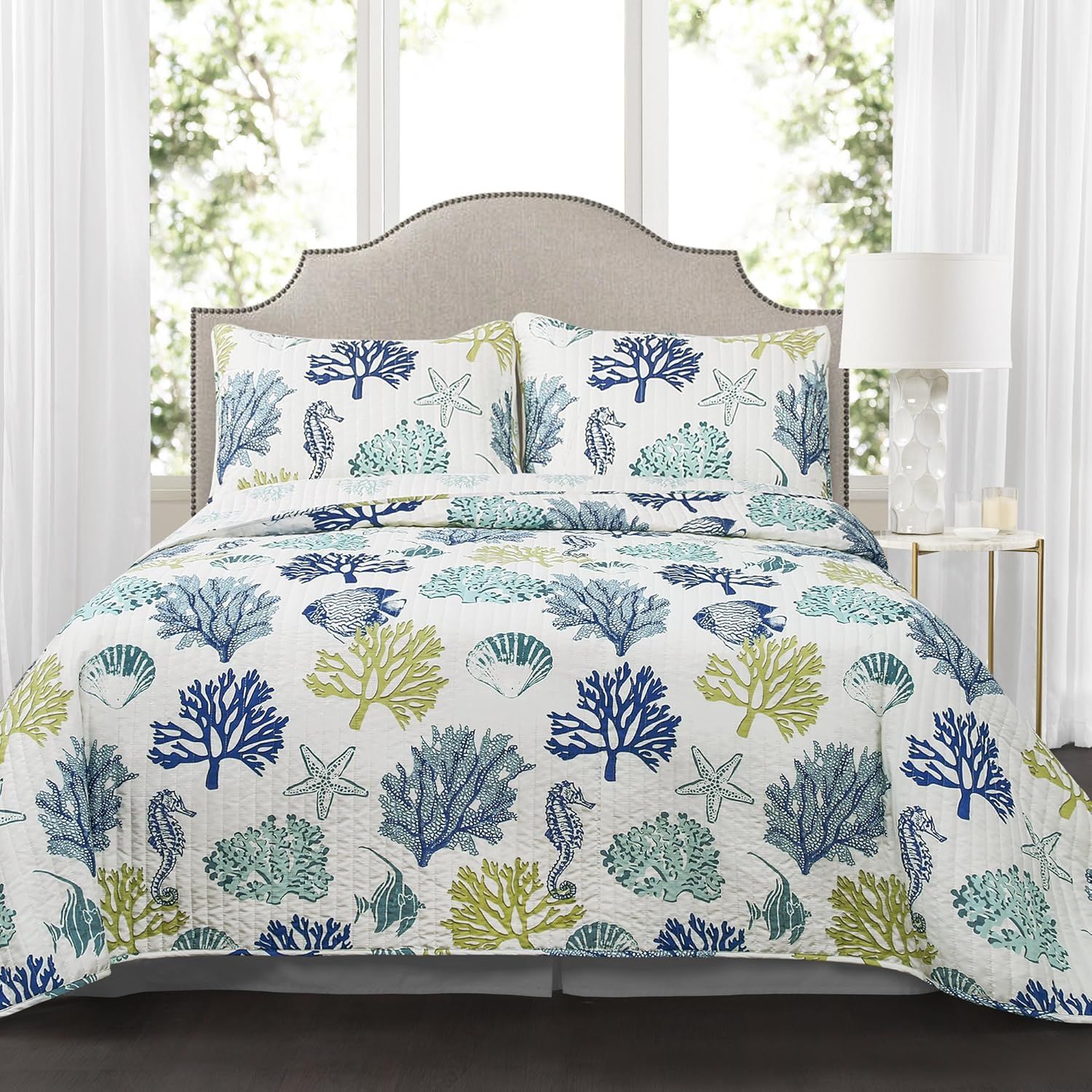 Coastal Blue and Green Cotton Full/Queen Reversible Quilt Set