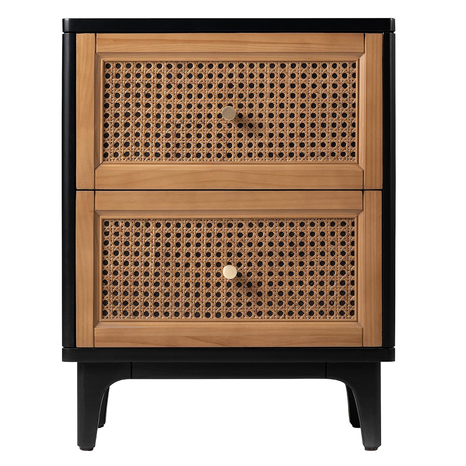 Black and Natural Wood 2-Drawer Cane Front Nightstand with Brass Knobs