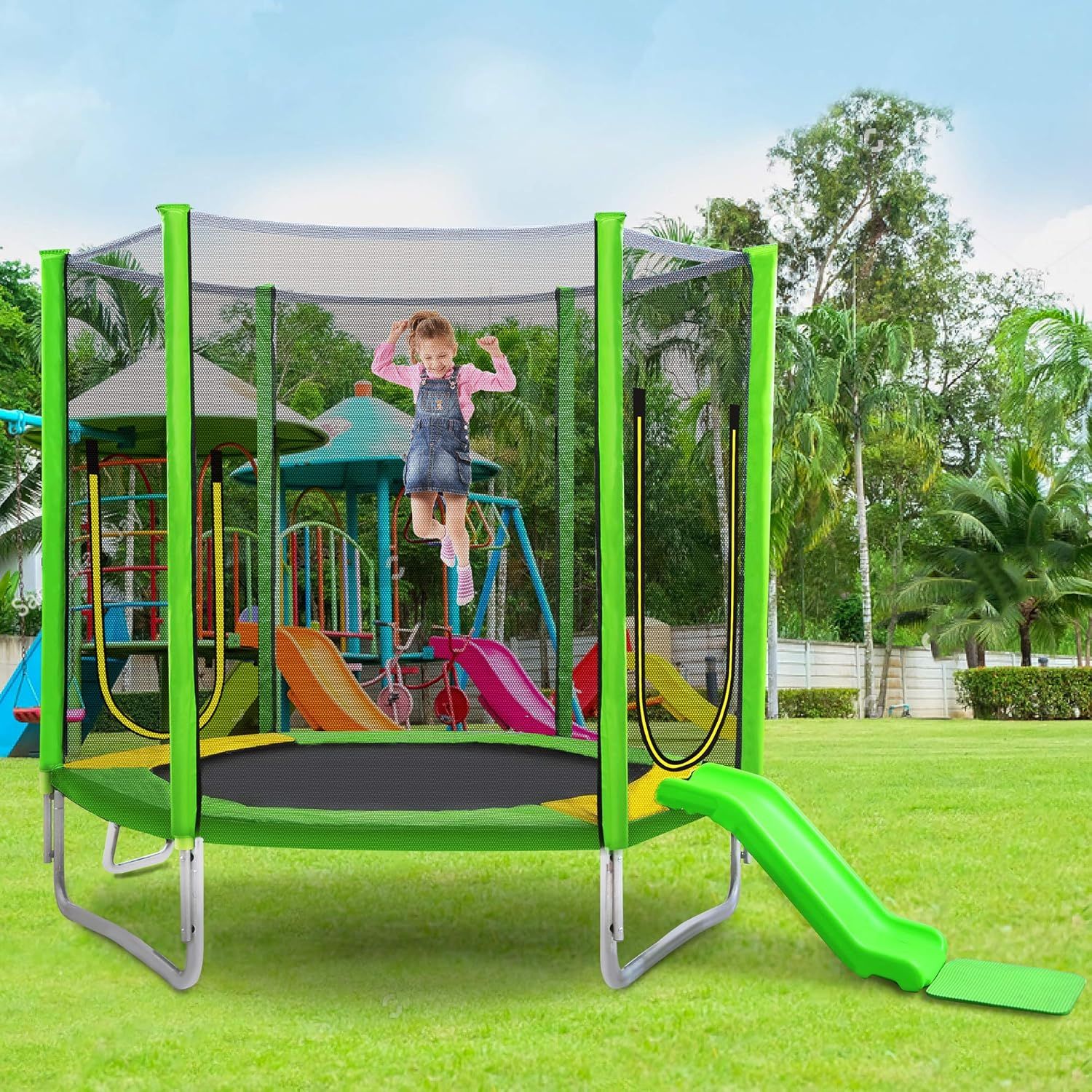 7ft Green Kids Trampoline with Safety Enclosure and Slide