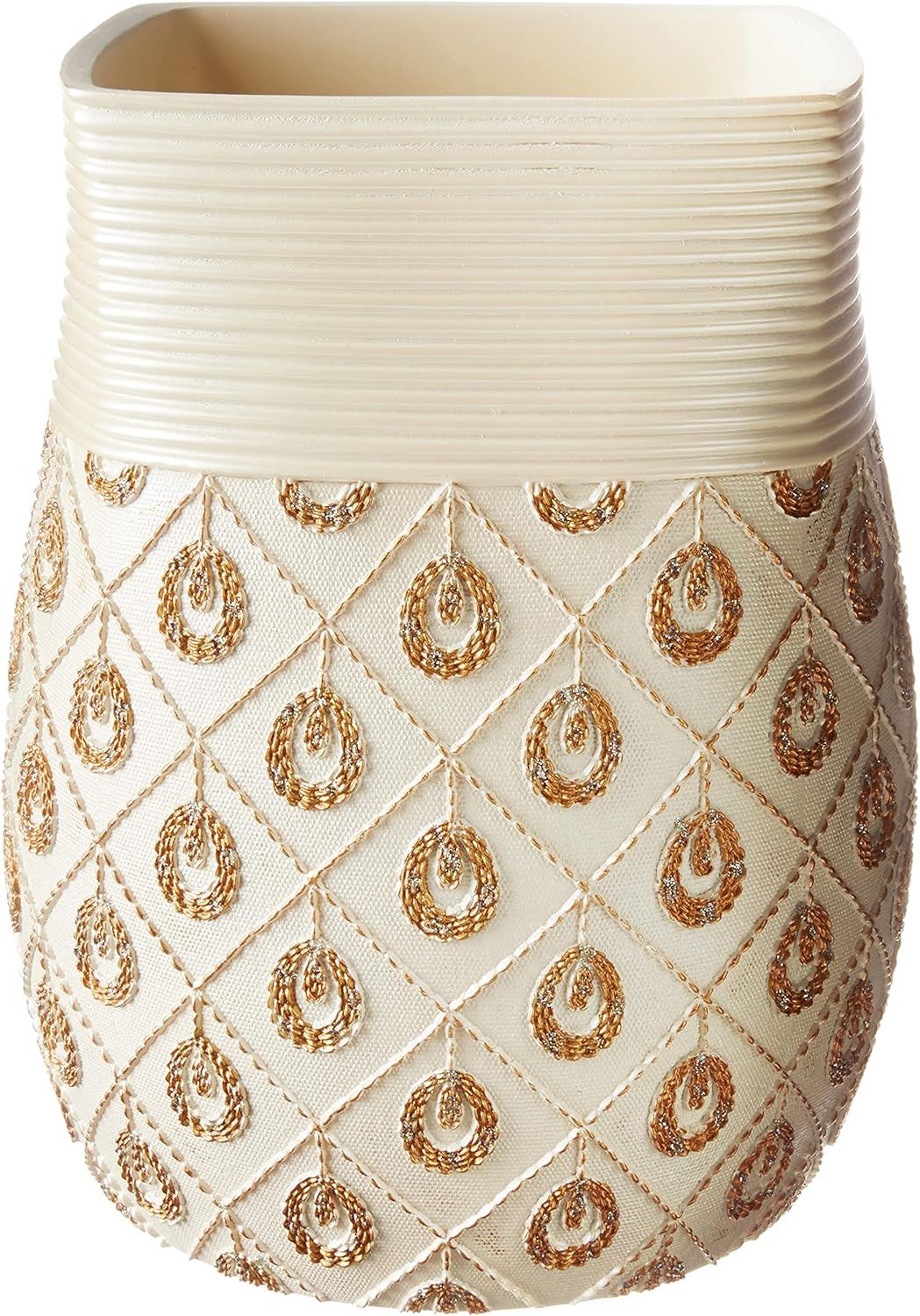 Ivory and Gold Ridged Plastic Rubbish Bin