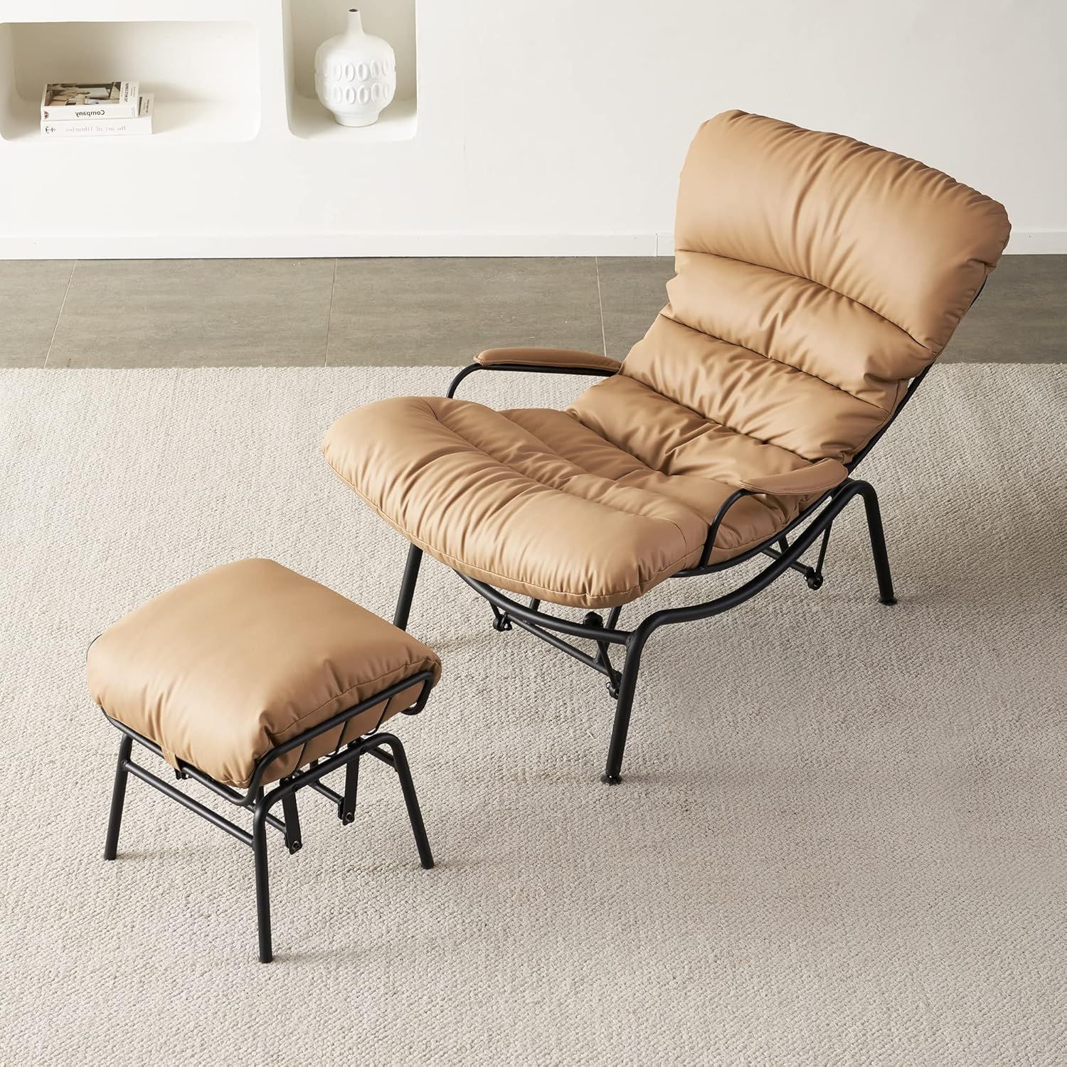 Cream Faux Leather Mid-Century Modern Glider Rocking Chair with Ottoman