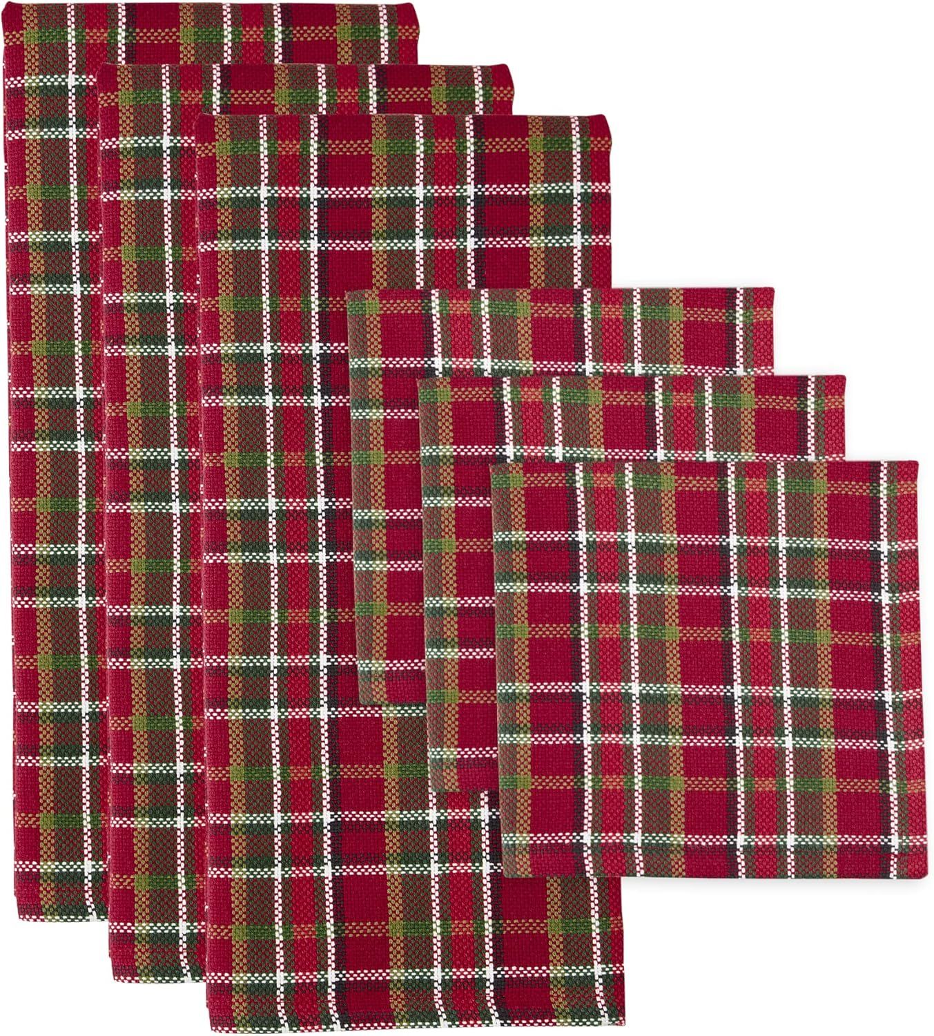 Red and Green Plaid Cotton Dishtowel and Dishcloth Set