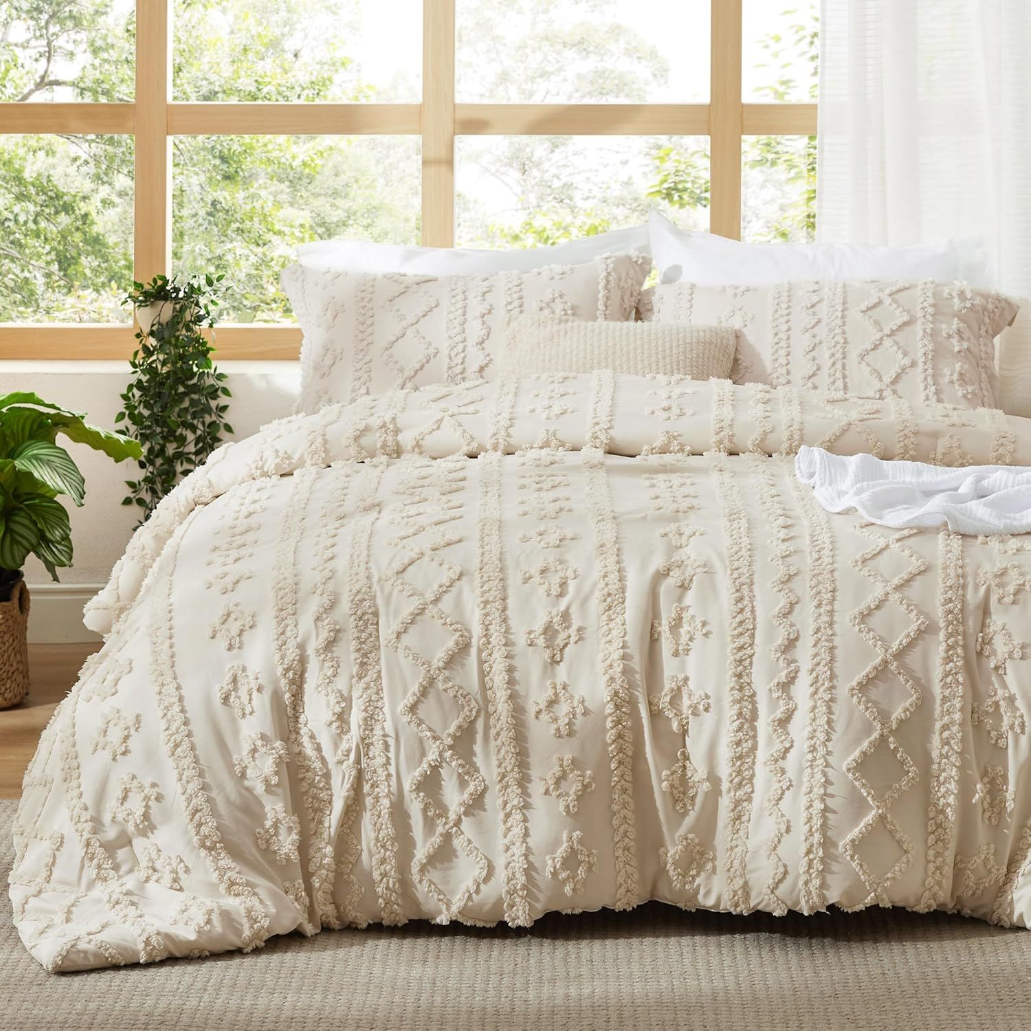 Beige Boho King Microfiber Comforter Set with Embroidery