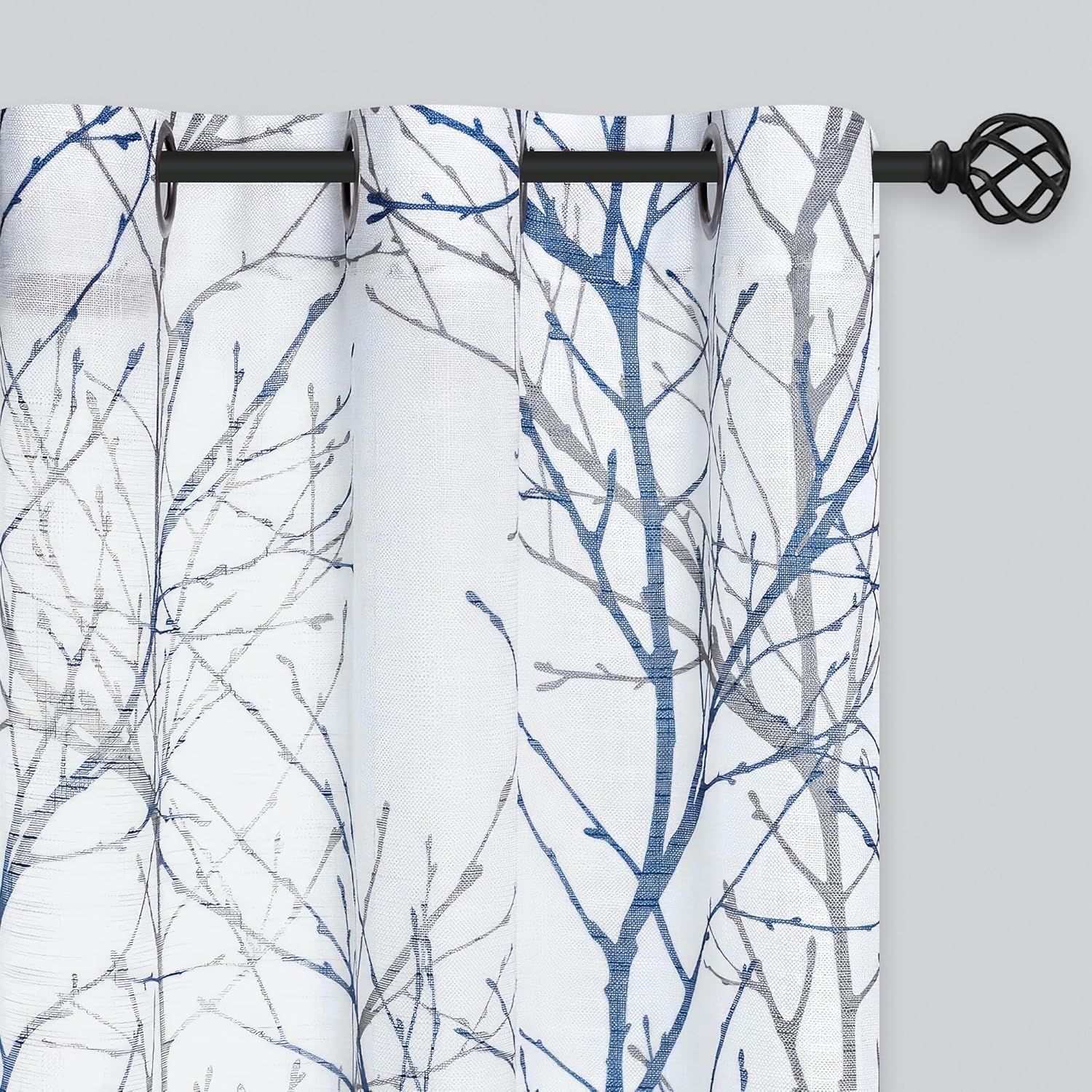 Gray and Blue Tree Branch Sheer Grommet Curtain Panels