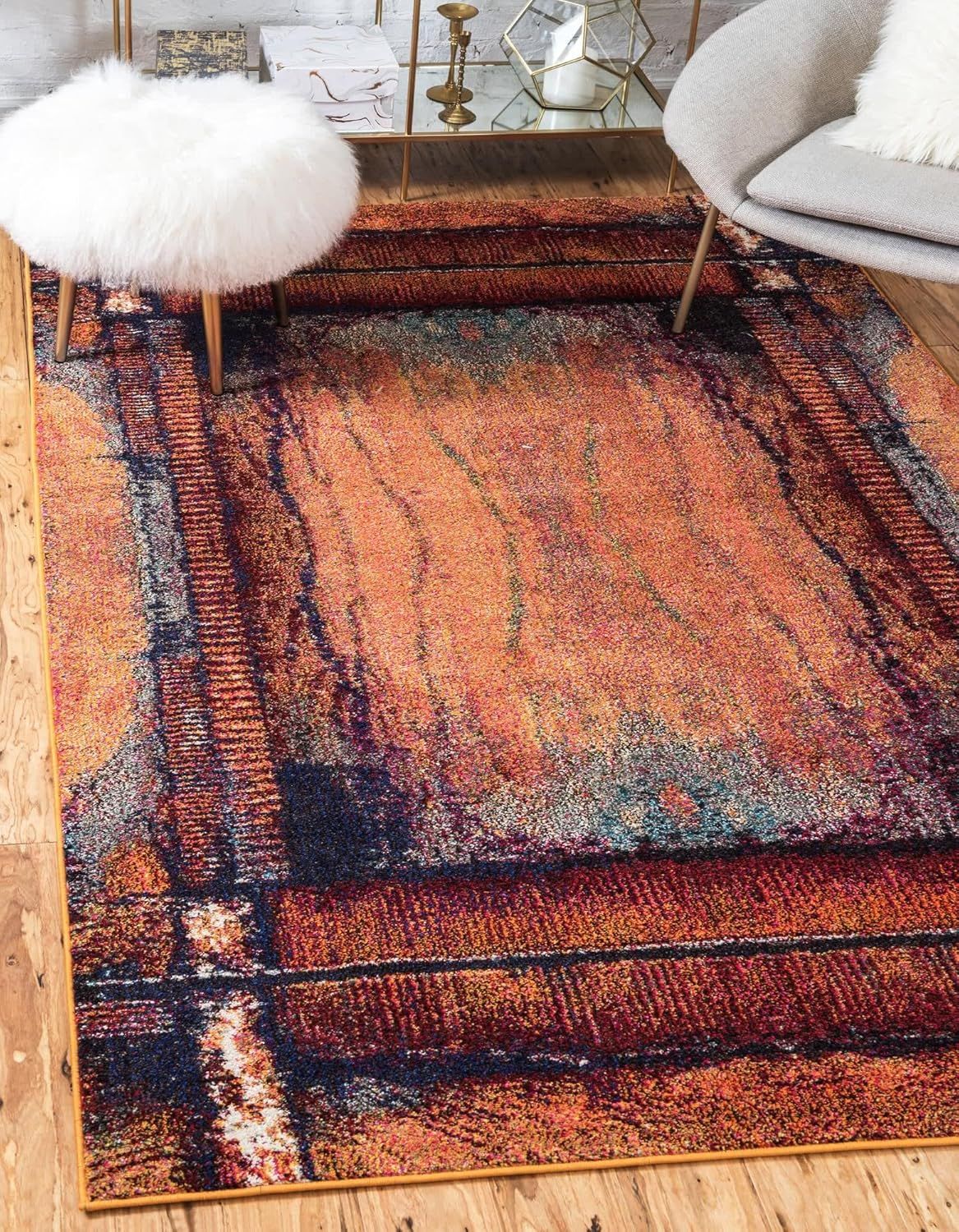 Rectangular Blue Abstract Stain-Resistant Synthetic Rug