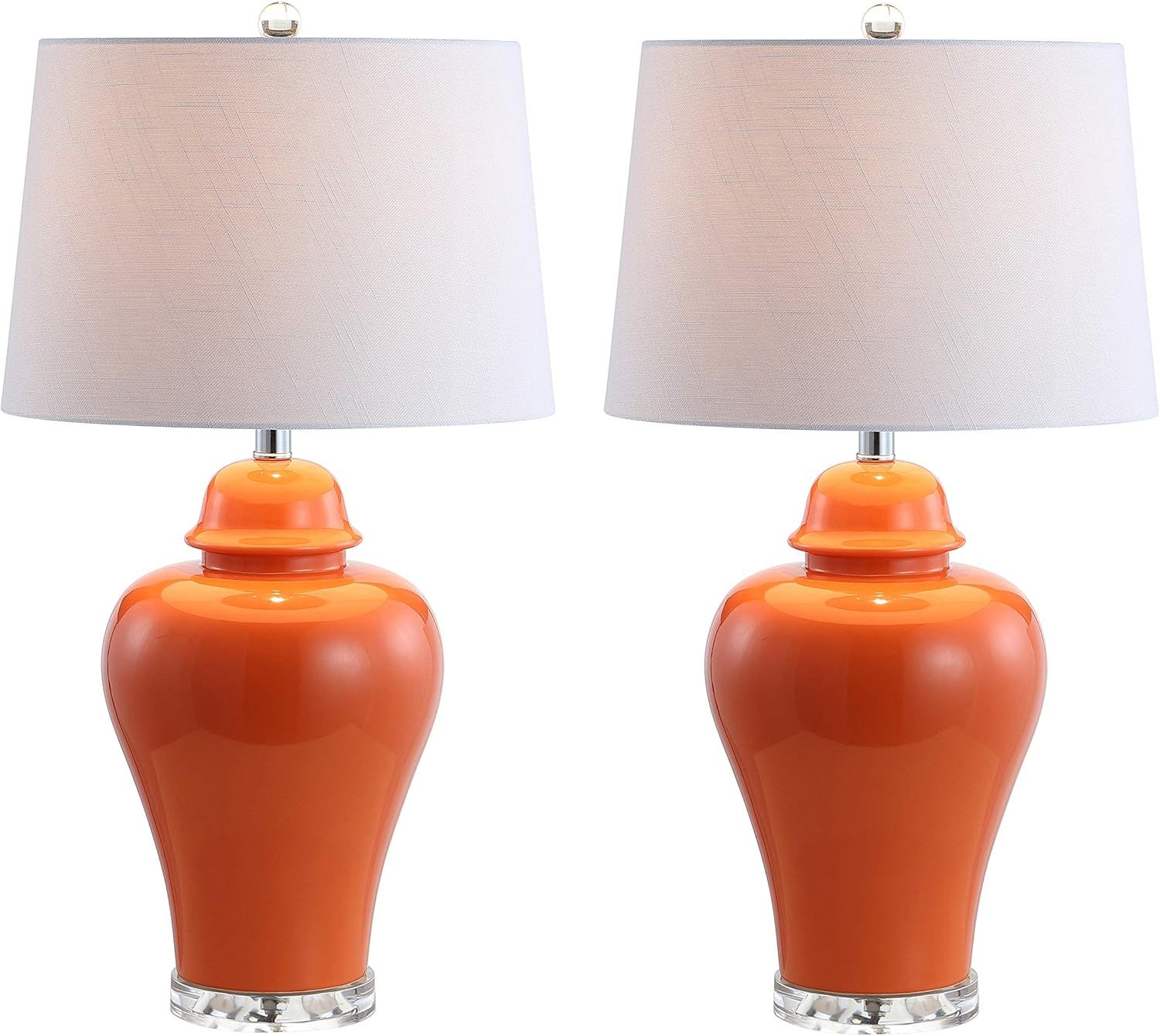 Adjustable Orange Ceramic Urn Table Lamps with Off-White Linen Shades
