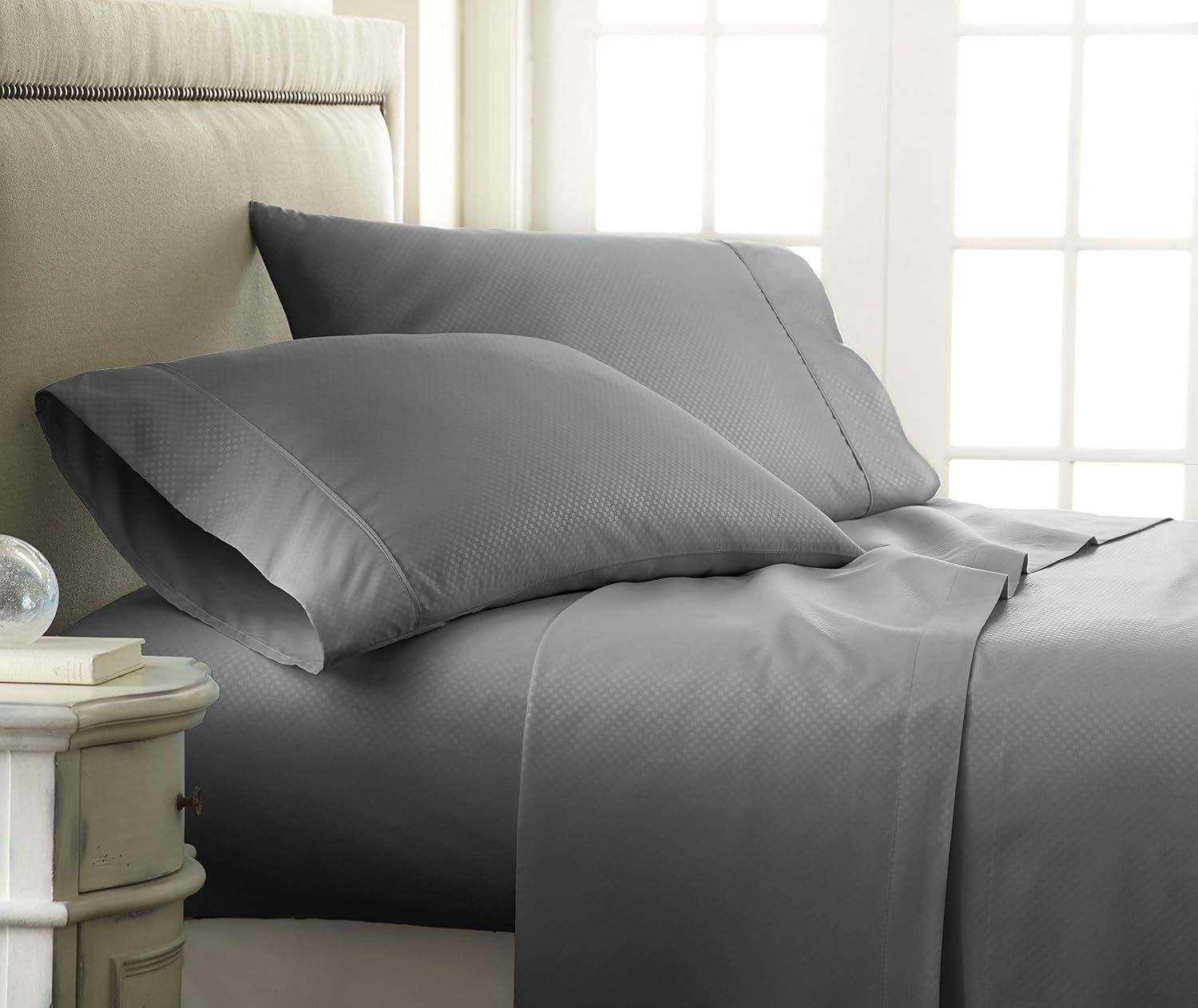 Gray Queen Checkered Embossed Deep Pocket Bed Sheet Set