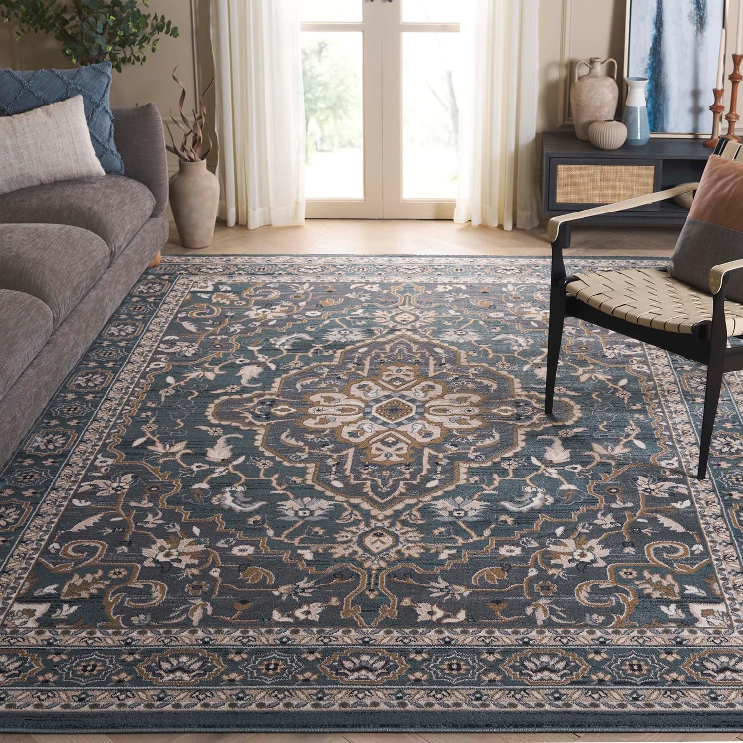 Teal and Grey Floral Synthetic 9' x 12' Area Rug