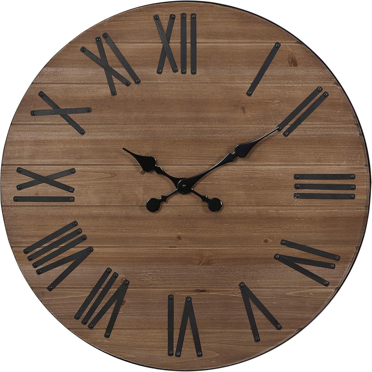 FLORA 24-Inch Brown Wooden Wall Clock with Black Roman Numerals