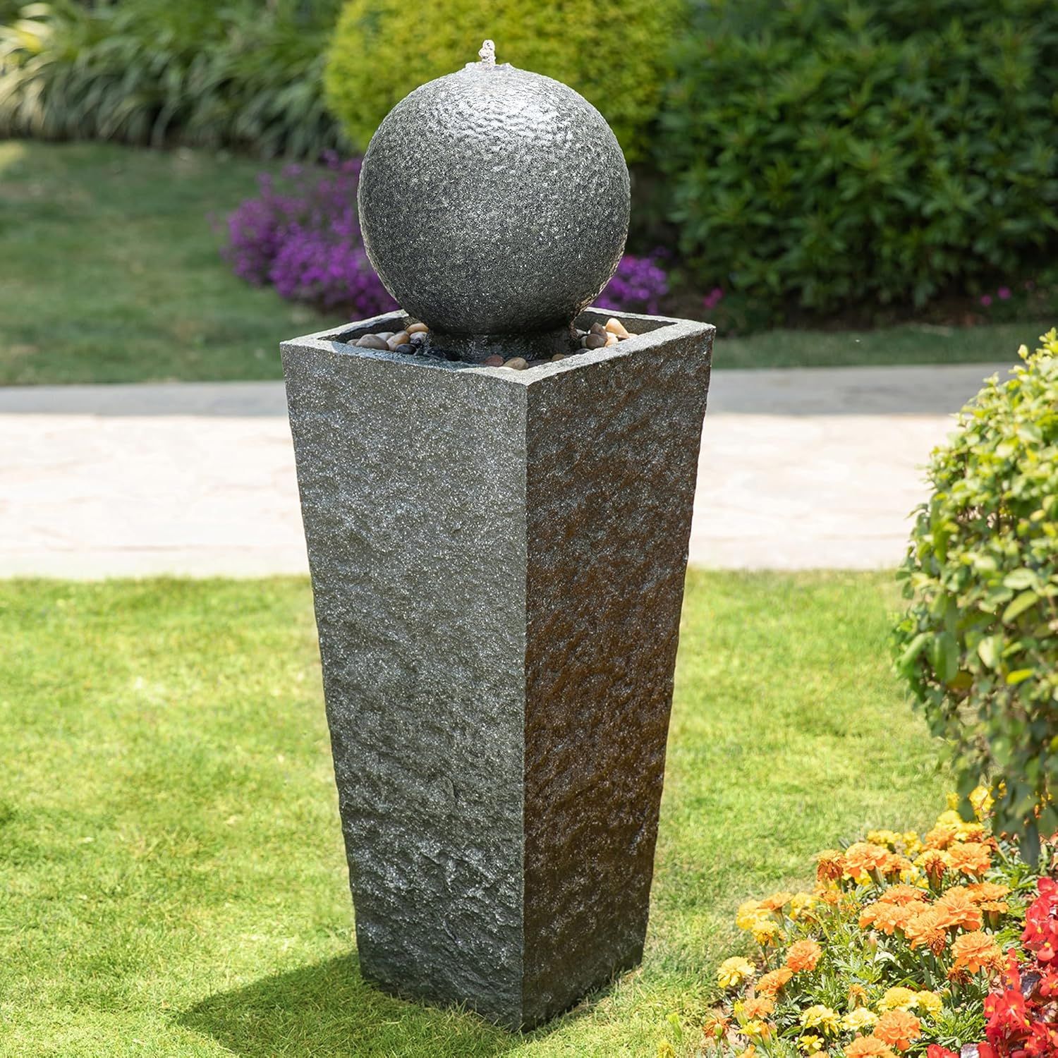 Modern Gray Polyresin Pedestal Fountain with LED Light