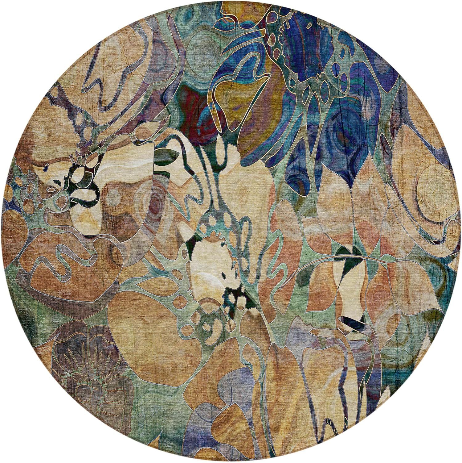 Beige and Multicolor Synthetic Floral Round Area Rug