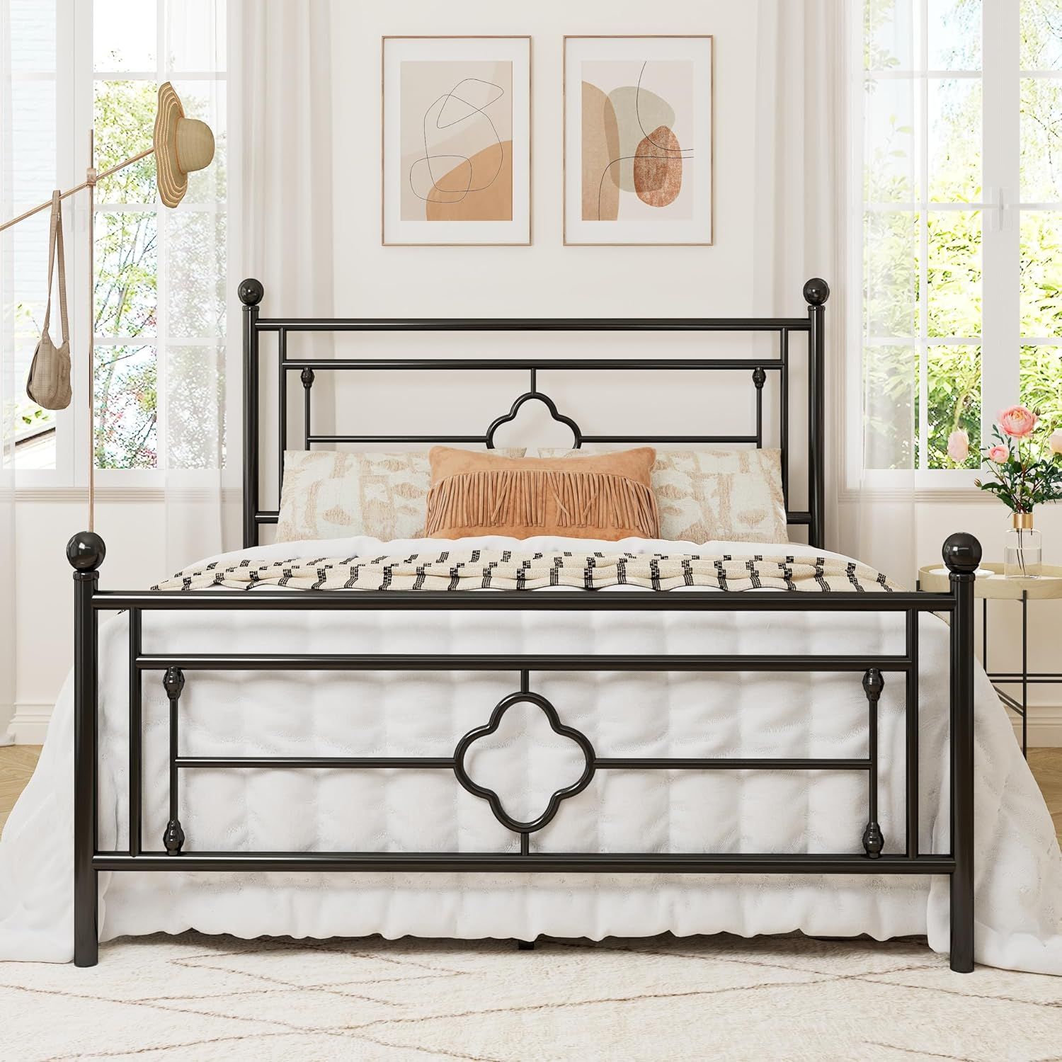 Black Queen Metal Platform Bed Frame with Victorian Headboard and Storage