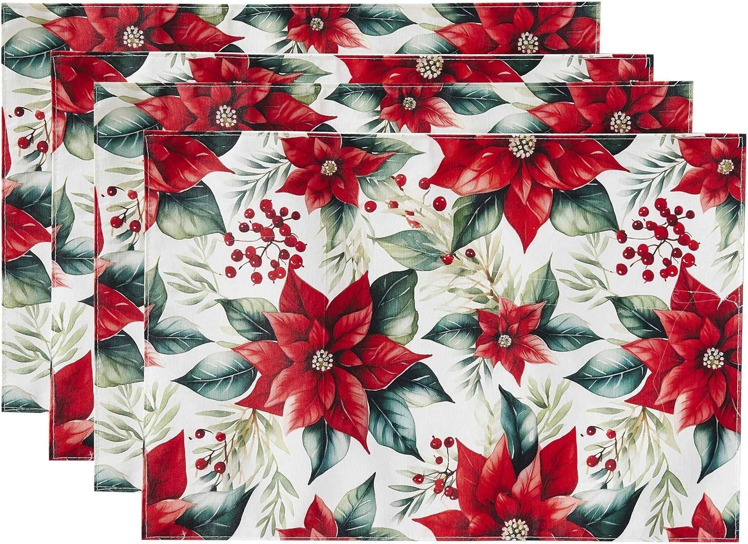 Ivory and Red Poinsettia Holiday Placemats Set of 4