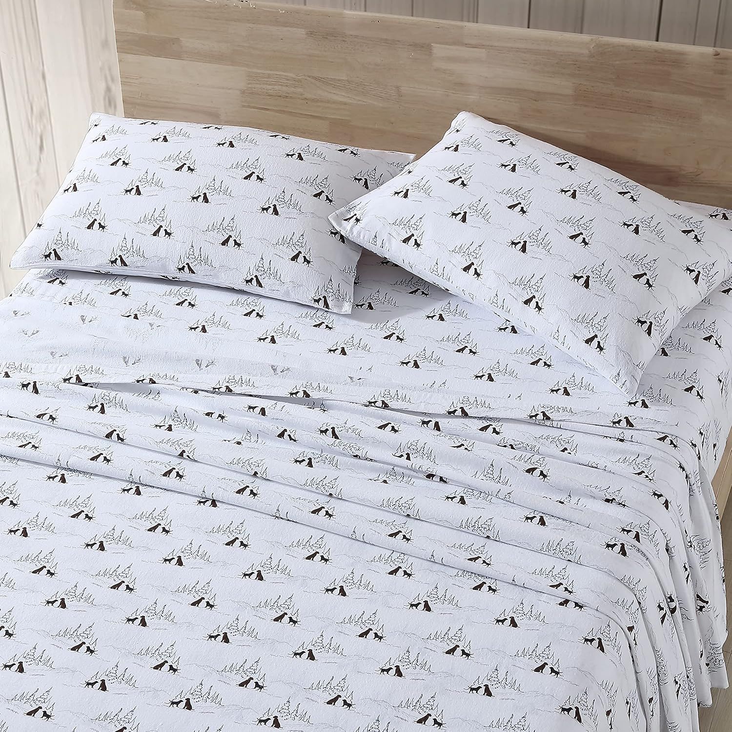 Twin White Cotton Flannel Sheet Set with Dog Print