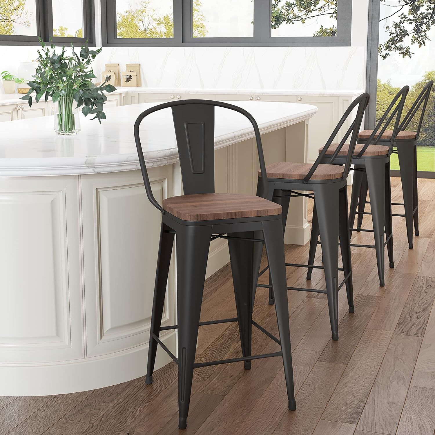 Black Metal Swivel Bar Stools with Wooden Seat, Set of 4