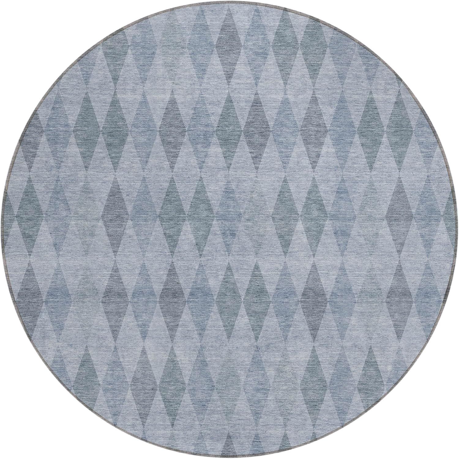 Denim Blue Round Geometric Machine-Washable Area Rug