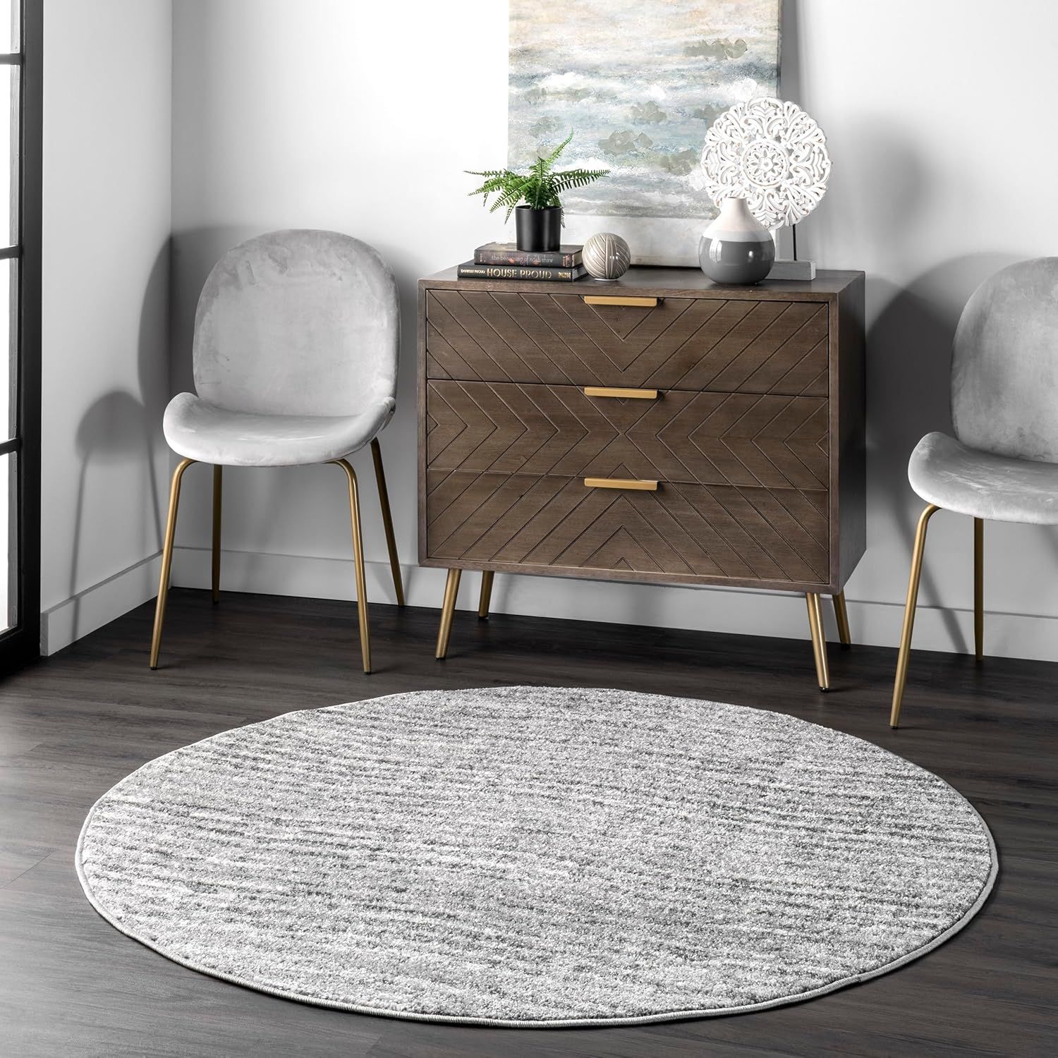 Gray Round Synthetic Reversible Area Rug, 4'0"x4'0"