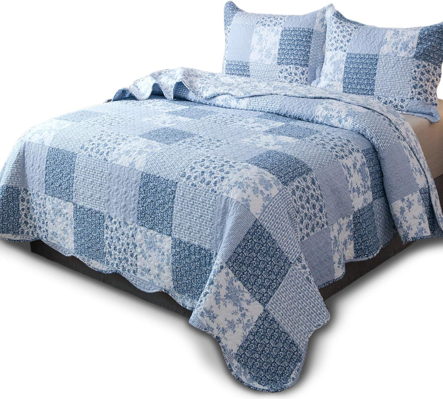 King Blue Microfiber Patchwork Quilt Set