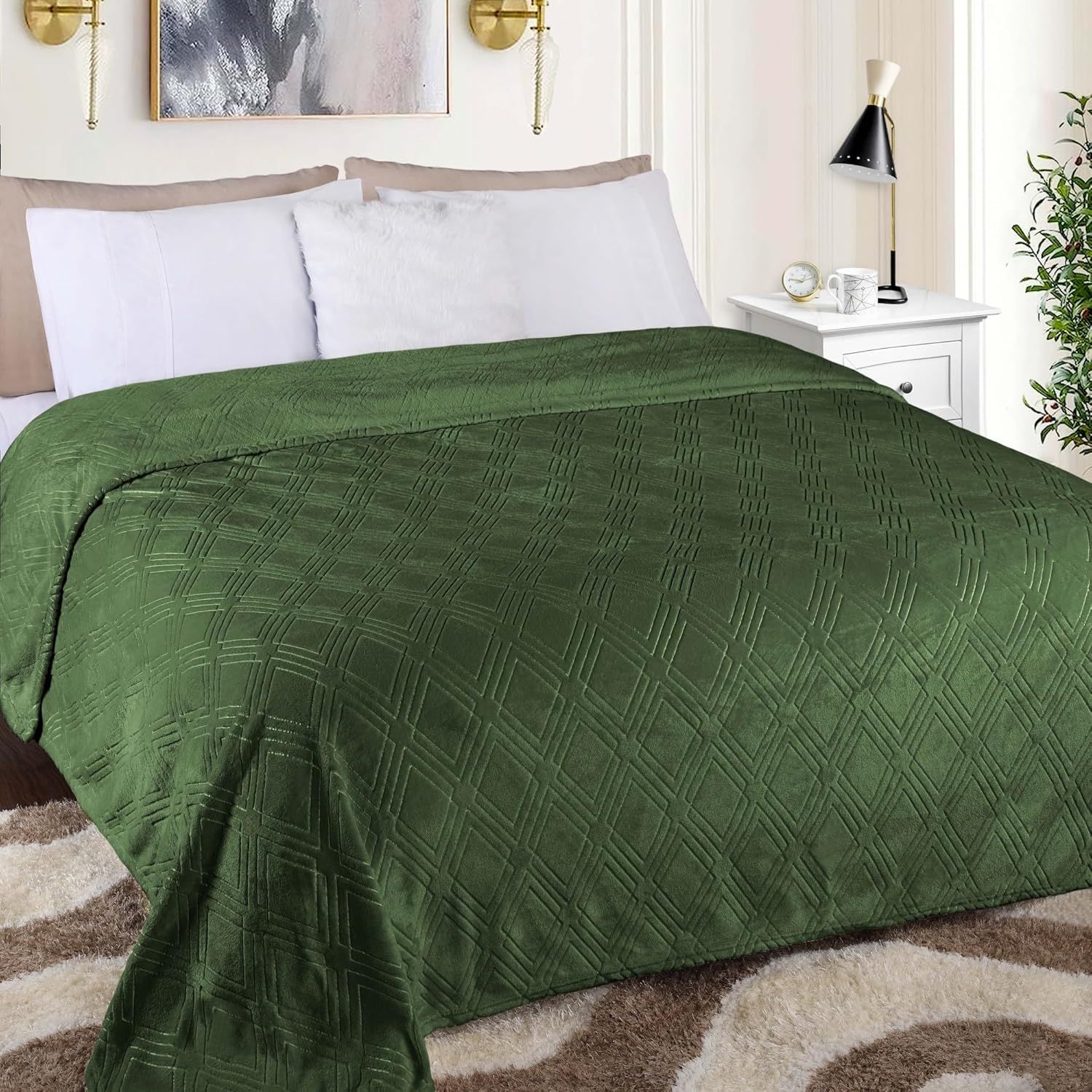 King Green Diamond Pattern Fleece Faux Fur Blanket