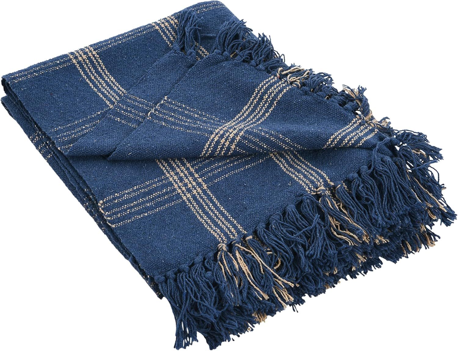 Blue Plaid Recycled Cotton Blend Throw Blanket with Fringe