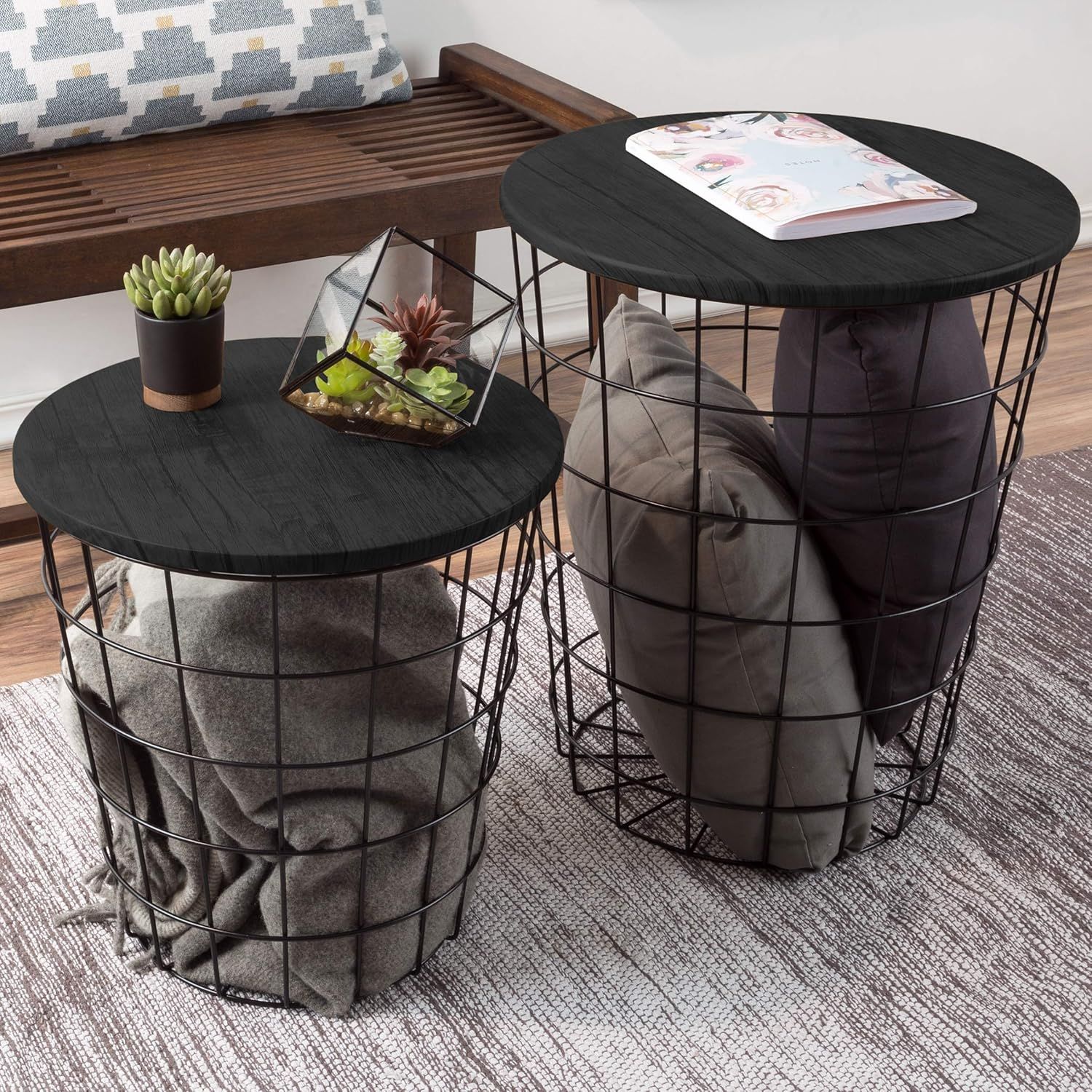 Black Round Wood and Metal Nesting Storage Side Tables