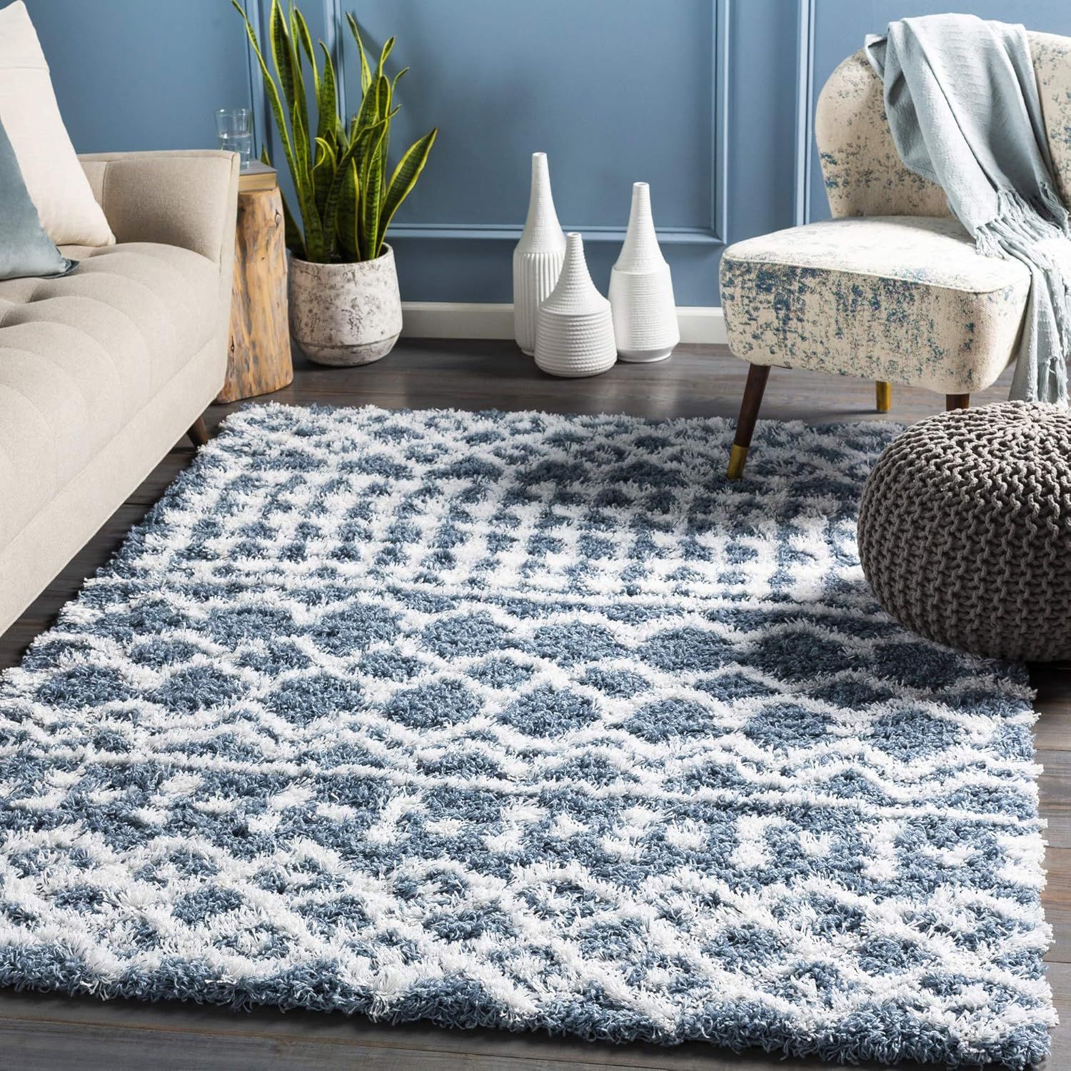 Blue Trellis Rectangular Stain-Resistant Shag Rug, 2' x 2'11"