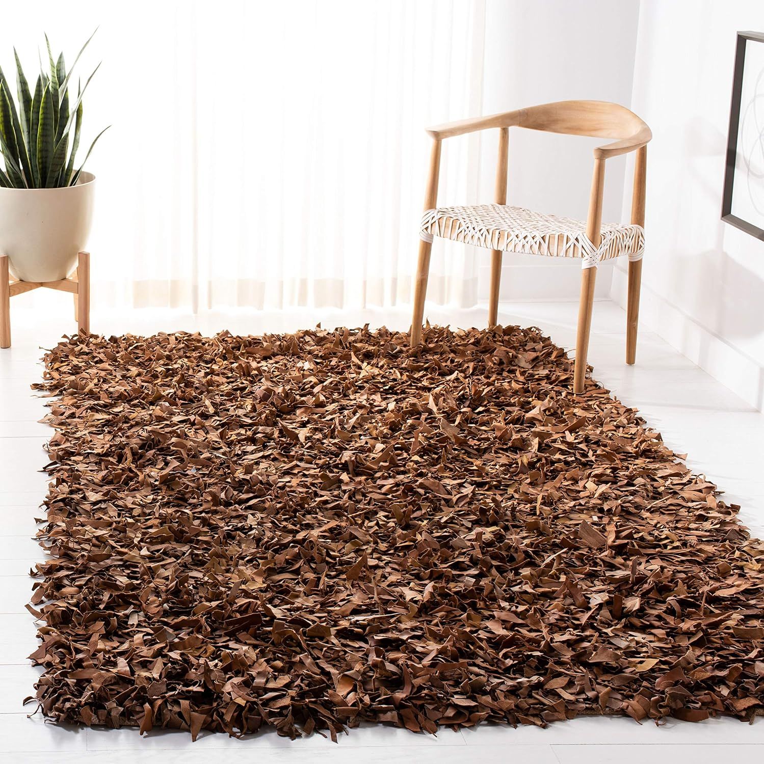 Hand-Knotted Brown Leather Shag 4' x 6' Rug