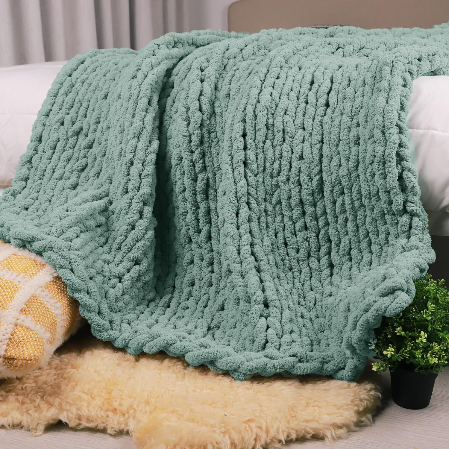 Sage Green Chunky Knit Chenille Throw Blanket 50" x 60"