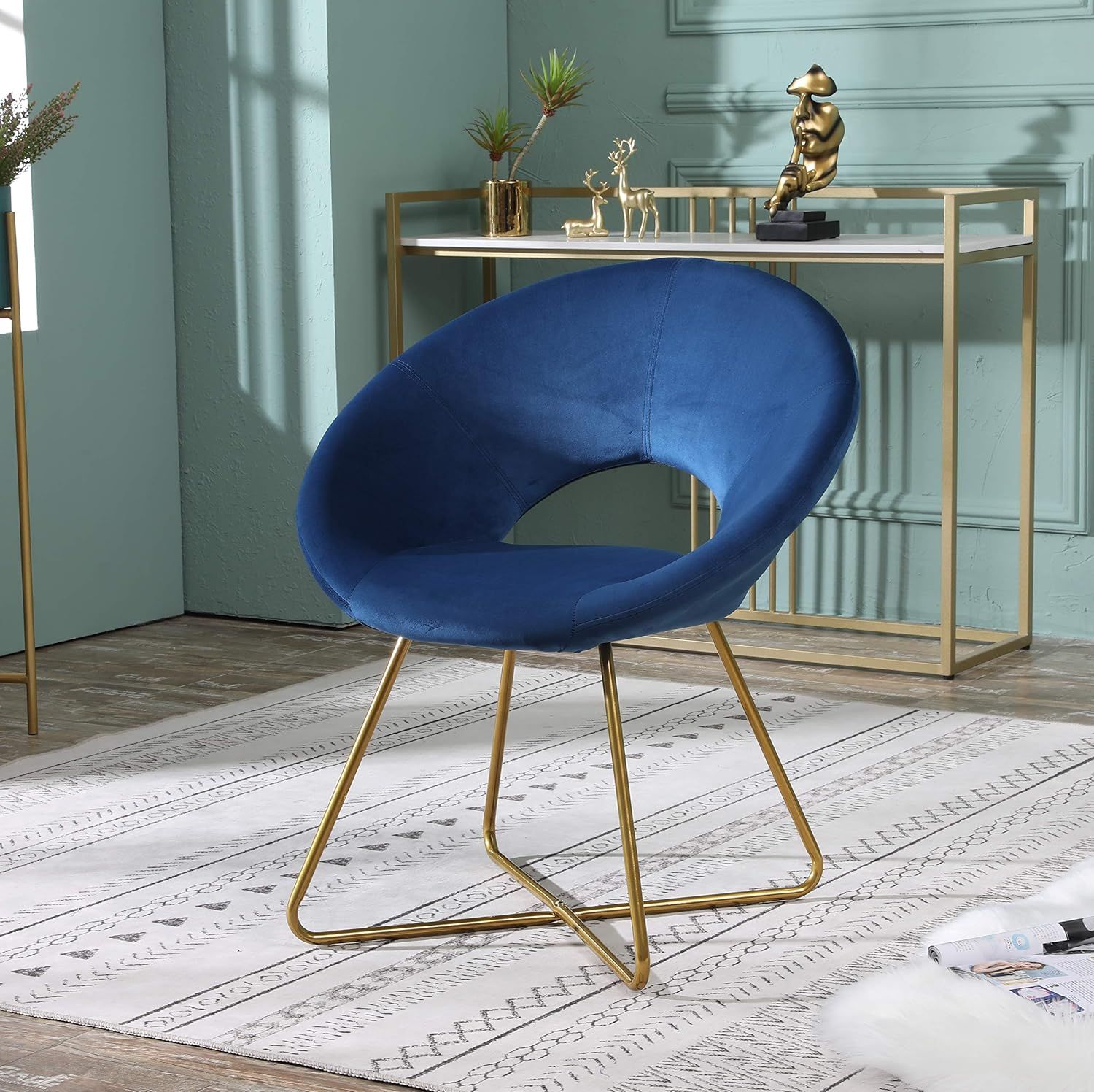 Blue Velvet Upholstered Accent Chair with Gold Base