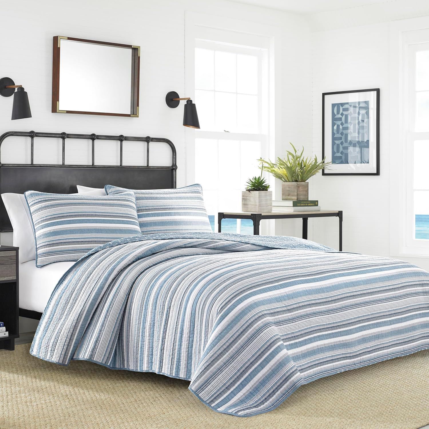 Nautical Twin White and Blue Cotton Reversible Quilt Set