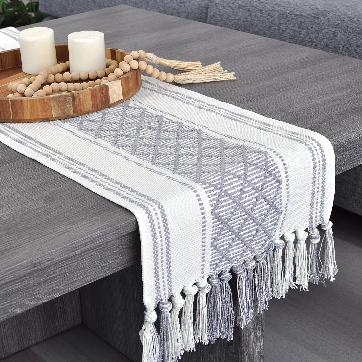 Gray and Cream Linen Table Runner with Tassels