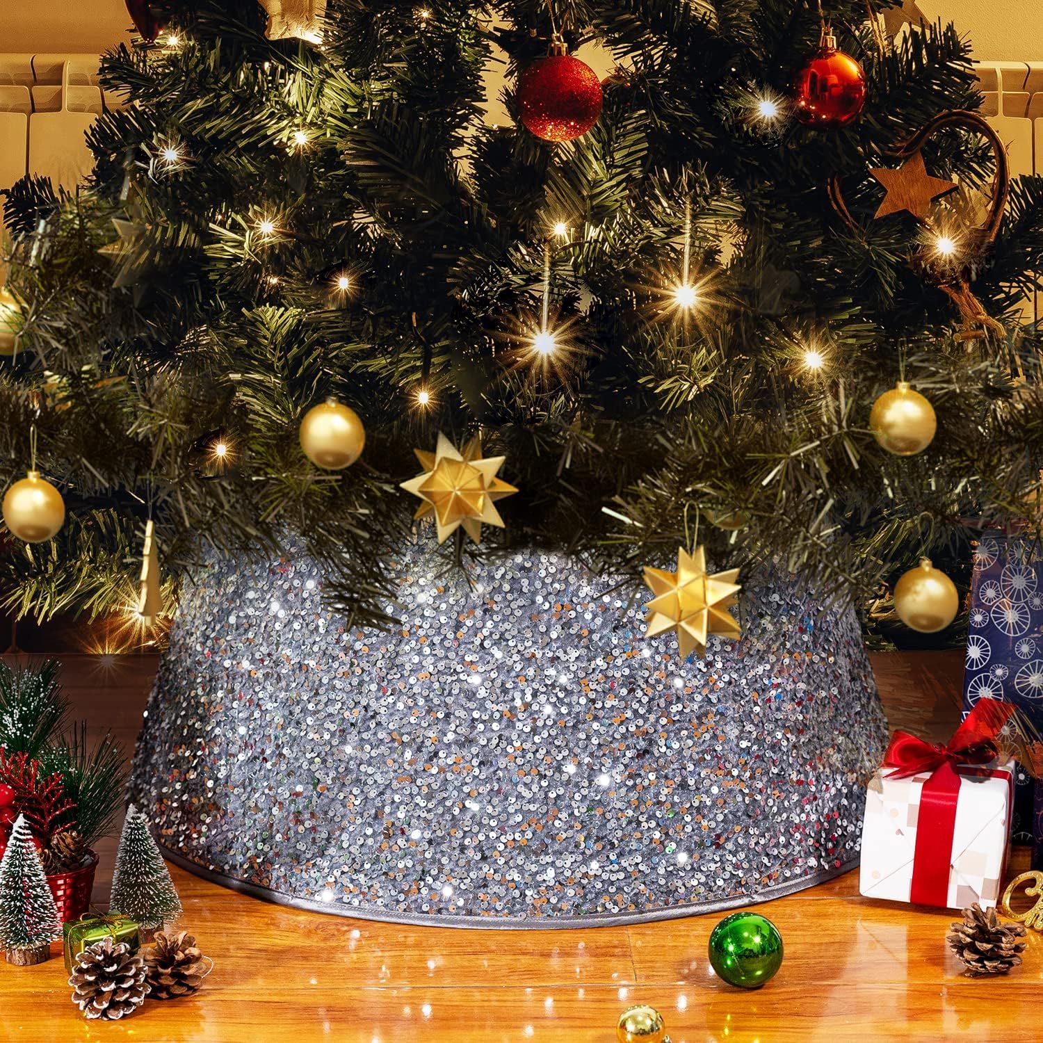 Silver Sequin Foldable Christmas Tree Collar Skirt