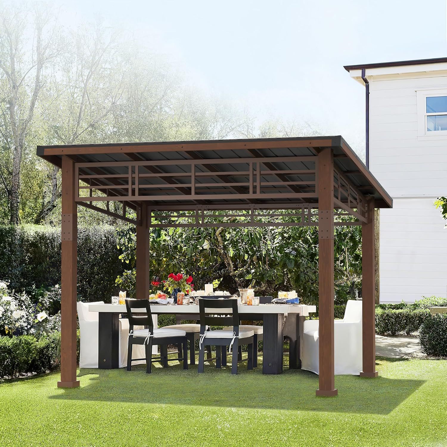 Large Brown Wooden Frame Gazebo with Metal Roof and Curtains