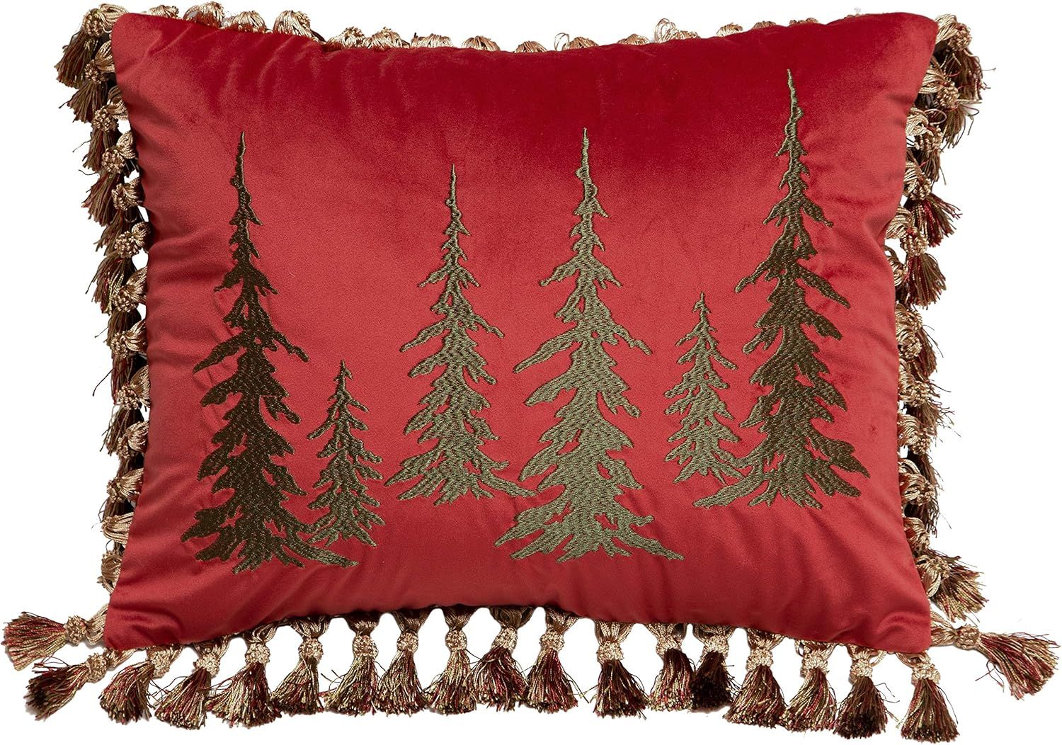 Red Velvet Embroidered Pine Tree Throw Pillow with Tassels