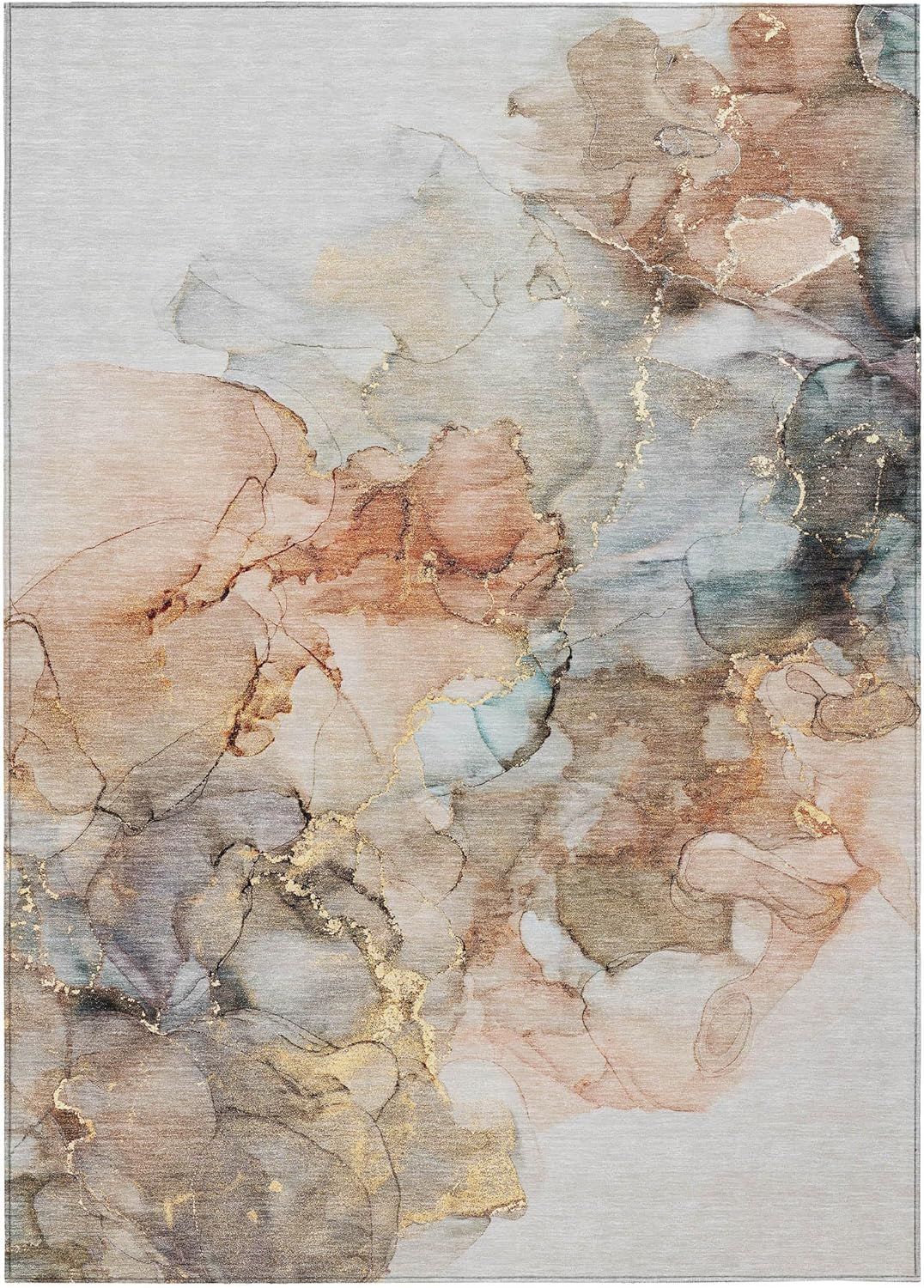 Beige and Brown Watercolor Synthetic Washable Rug