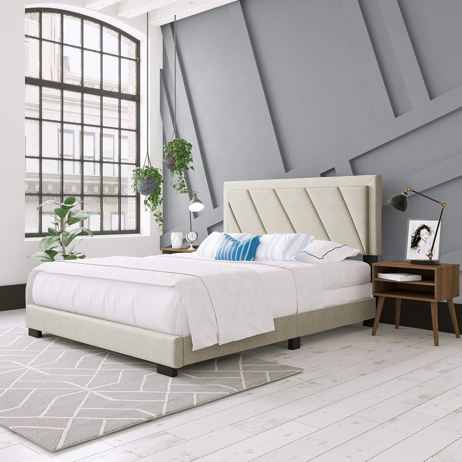 Diagonal Blue-Gray Linen Queen Platform Bed with Tufted Headboard