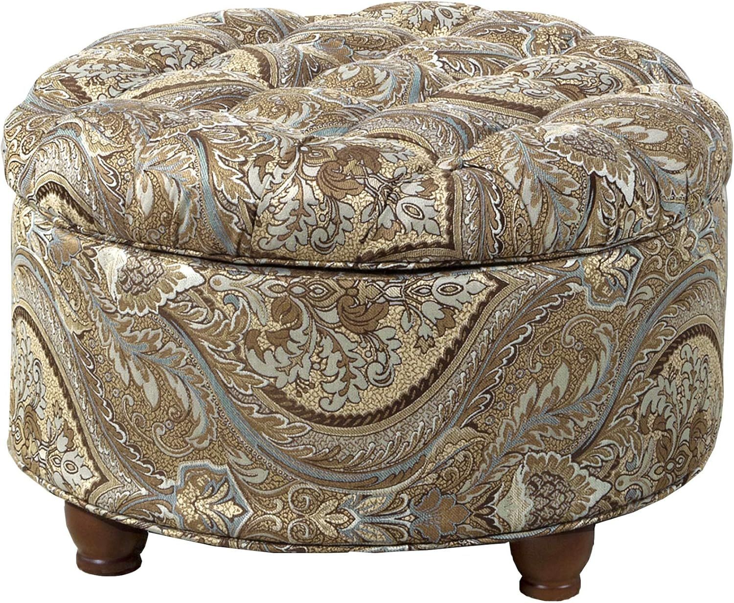 Brown and Teal Paisley Tufted Round Storage Ottoman