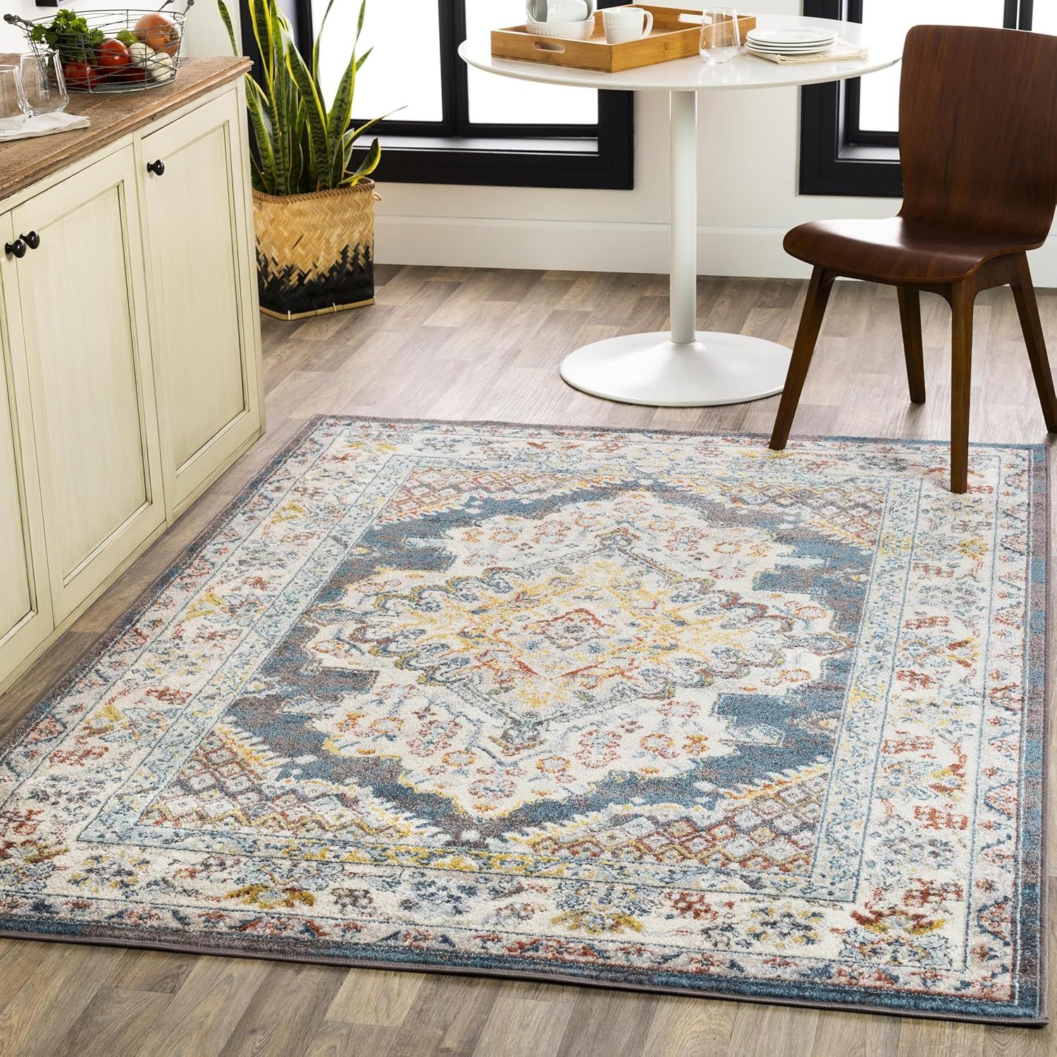 Teal and Beige Rectangular Synthetic Medallion Area Rug