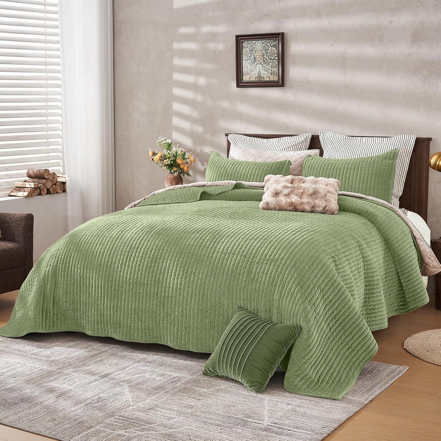 Sage Green Velvet Full Quilt Set with Pillow Shams