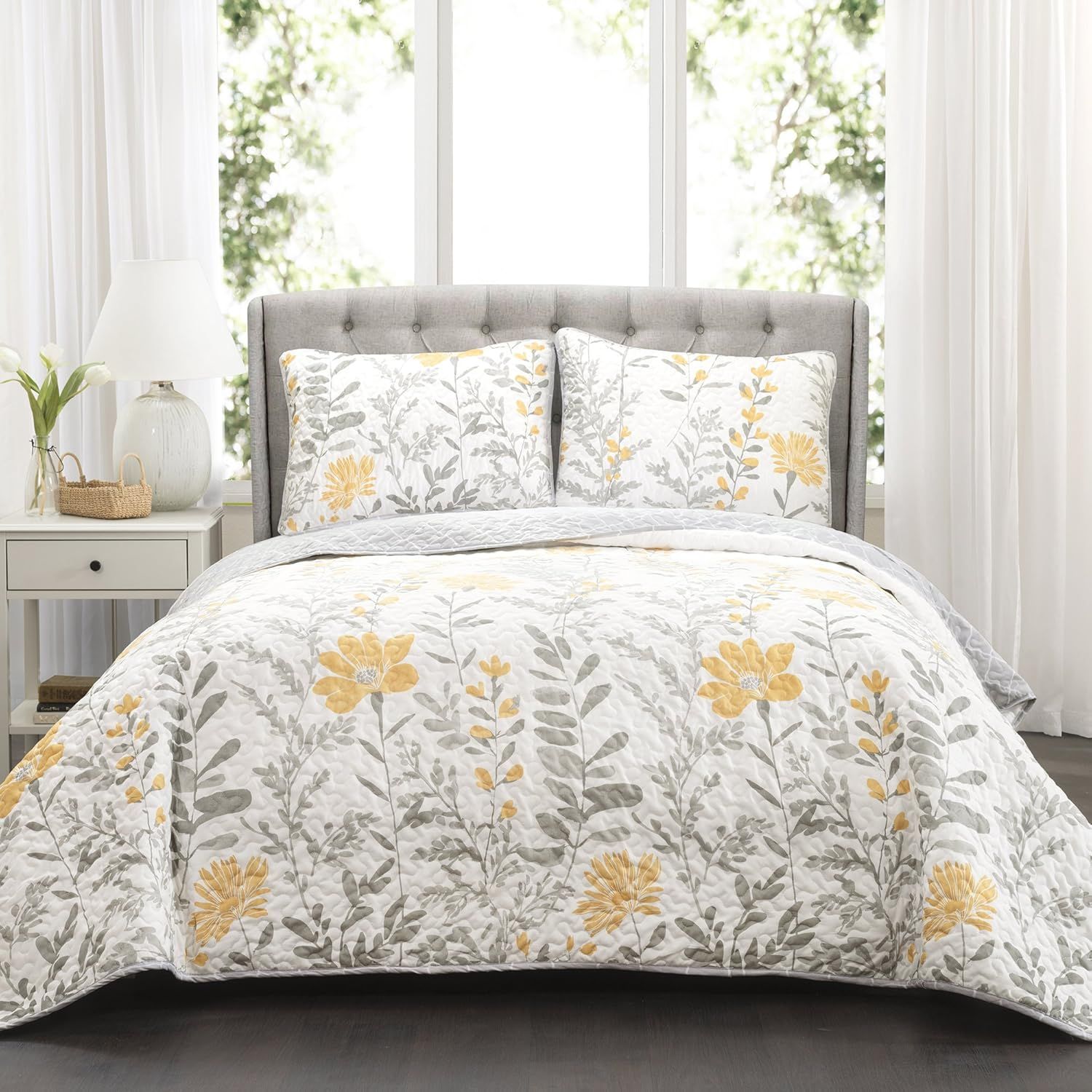 Yellow and Gray Reversible Floral King Microfiber Quilt Set