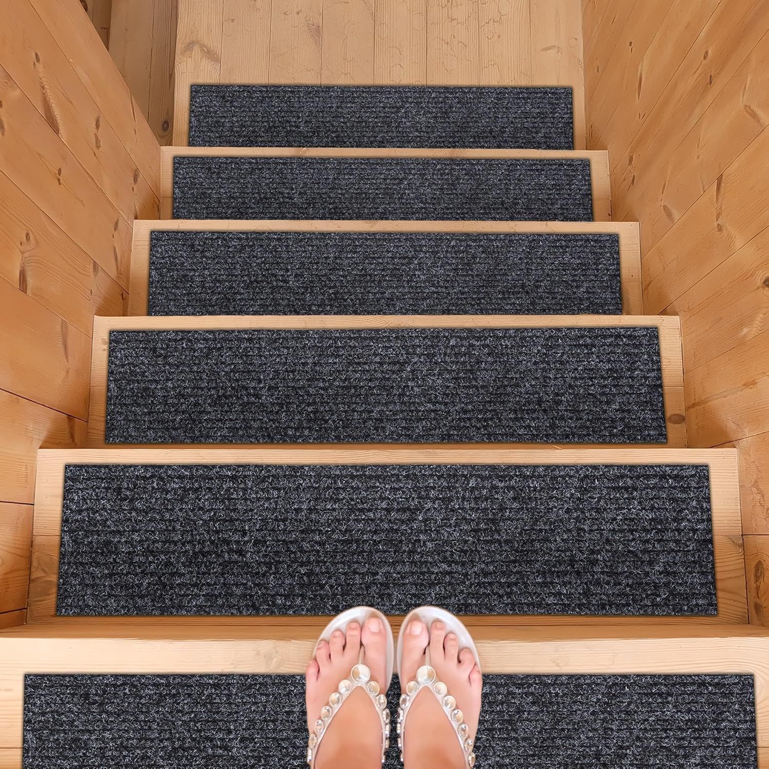 Black Non-Slip Rubberback Indoor/Outdoor Stair Treads 8" x 30" Set