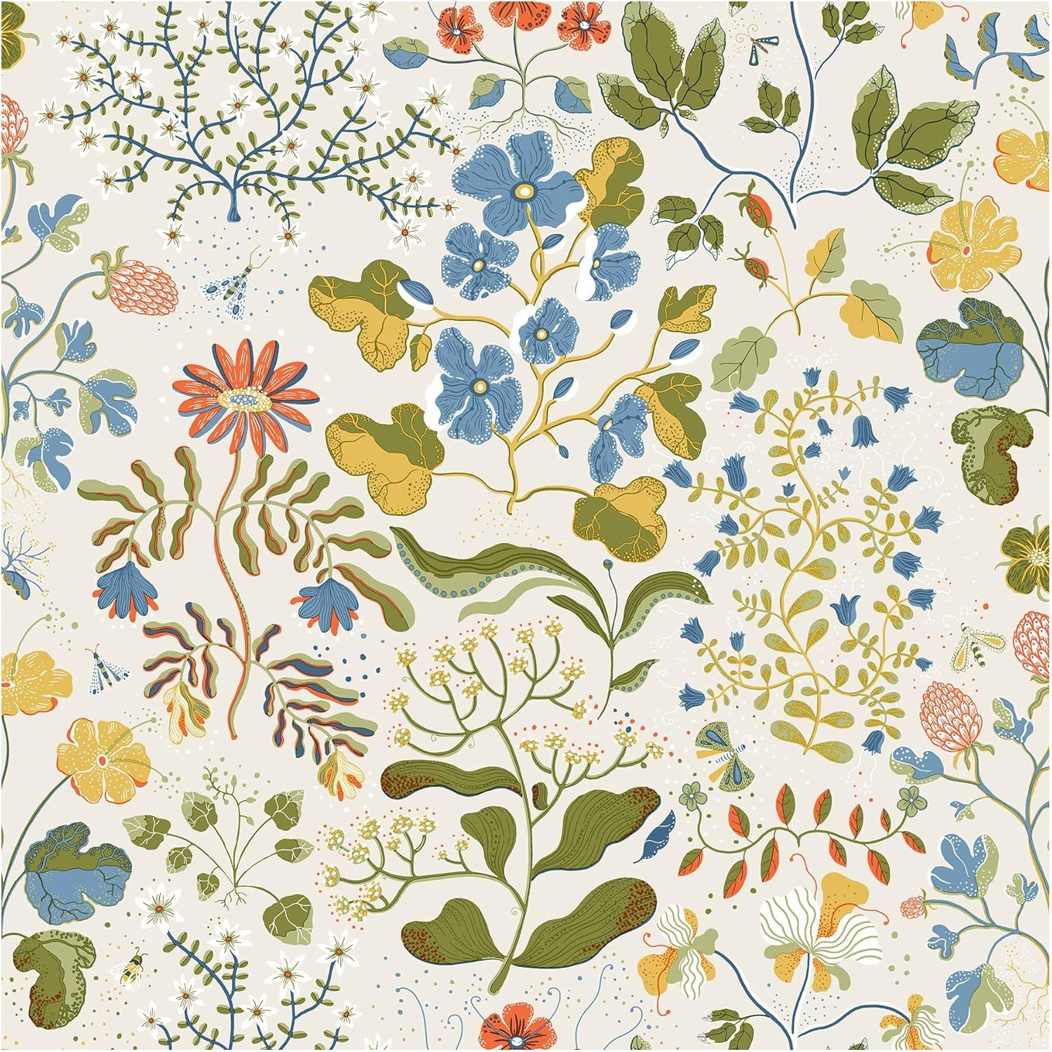Scandinavian Floral Wallpaper Roll in Multicolor on White