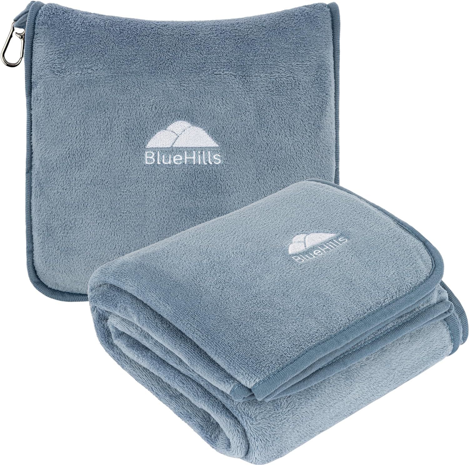 Grayish Blue Micro Plush Packable Travel Blanket Pillow