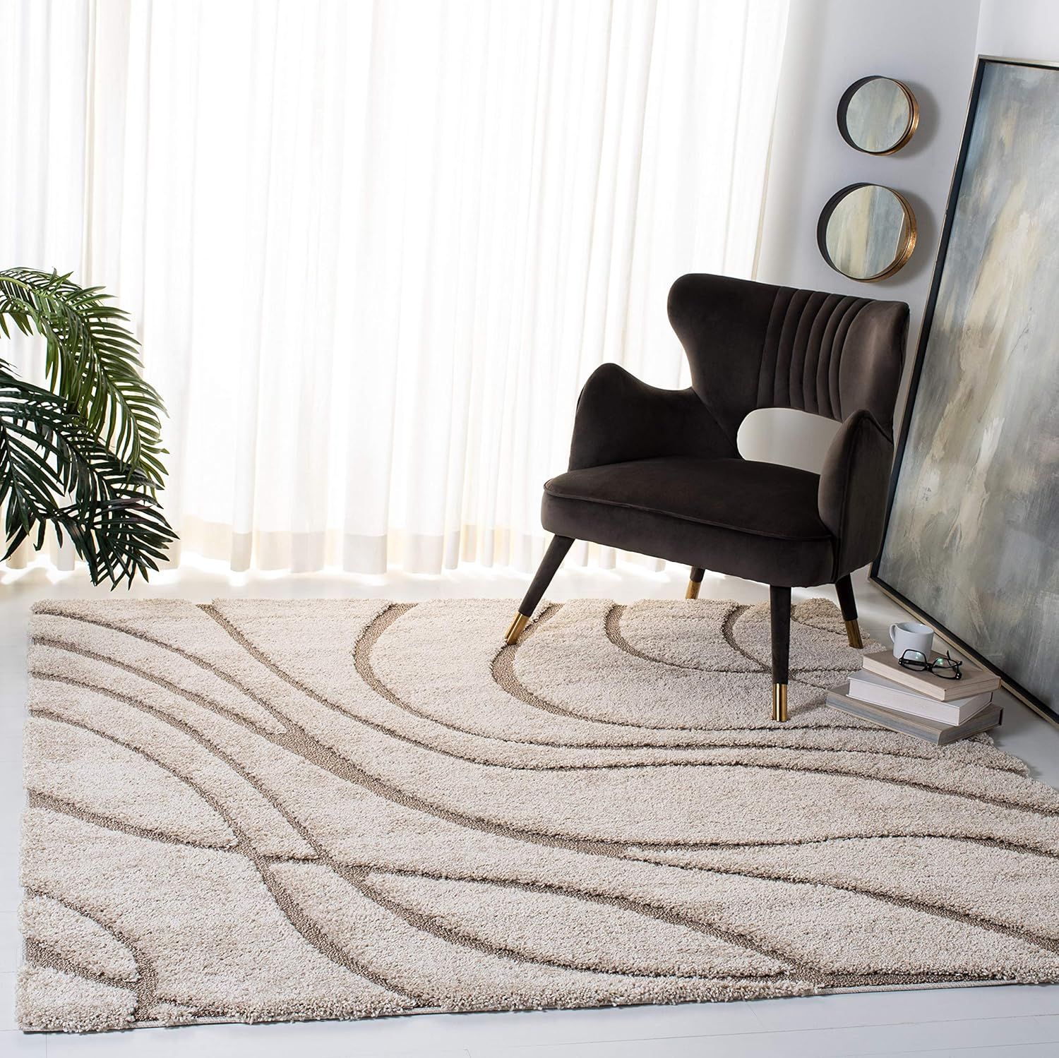 Chic Cream & Beige Shag 5' Square Area Rug - Synthetic, Easy Care