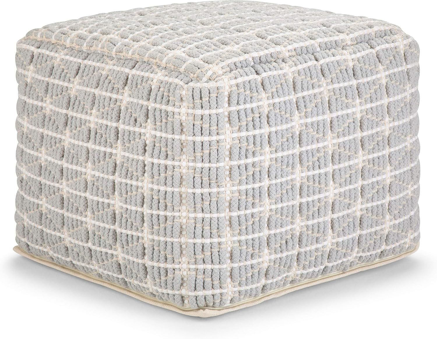 Noreen Light Blue and White Handloom Woven Square Pouf