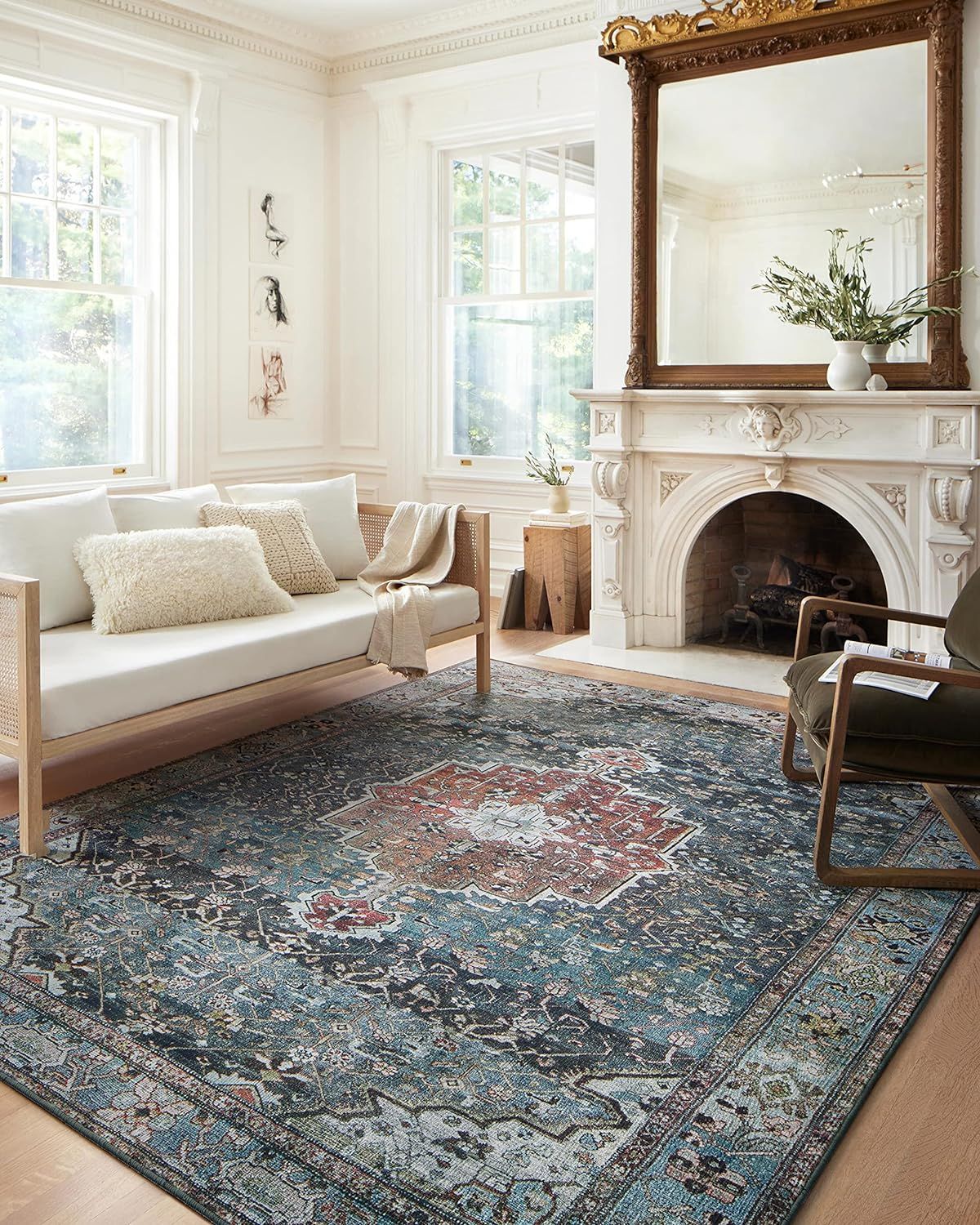 Margot Blue and Brick Medallion Synthetic Area Rug