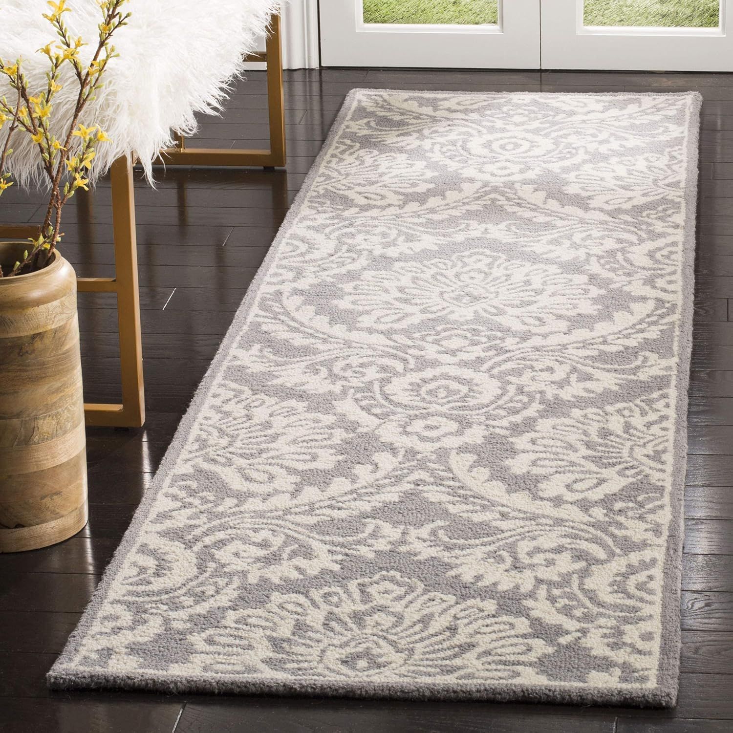 Ivory and Gray Floral Handmade Wool Runner Rug